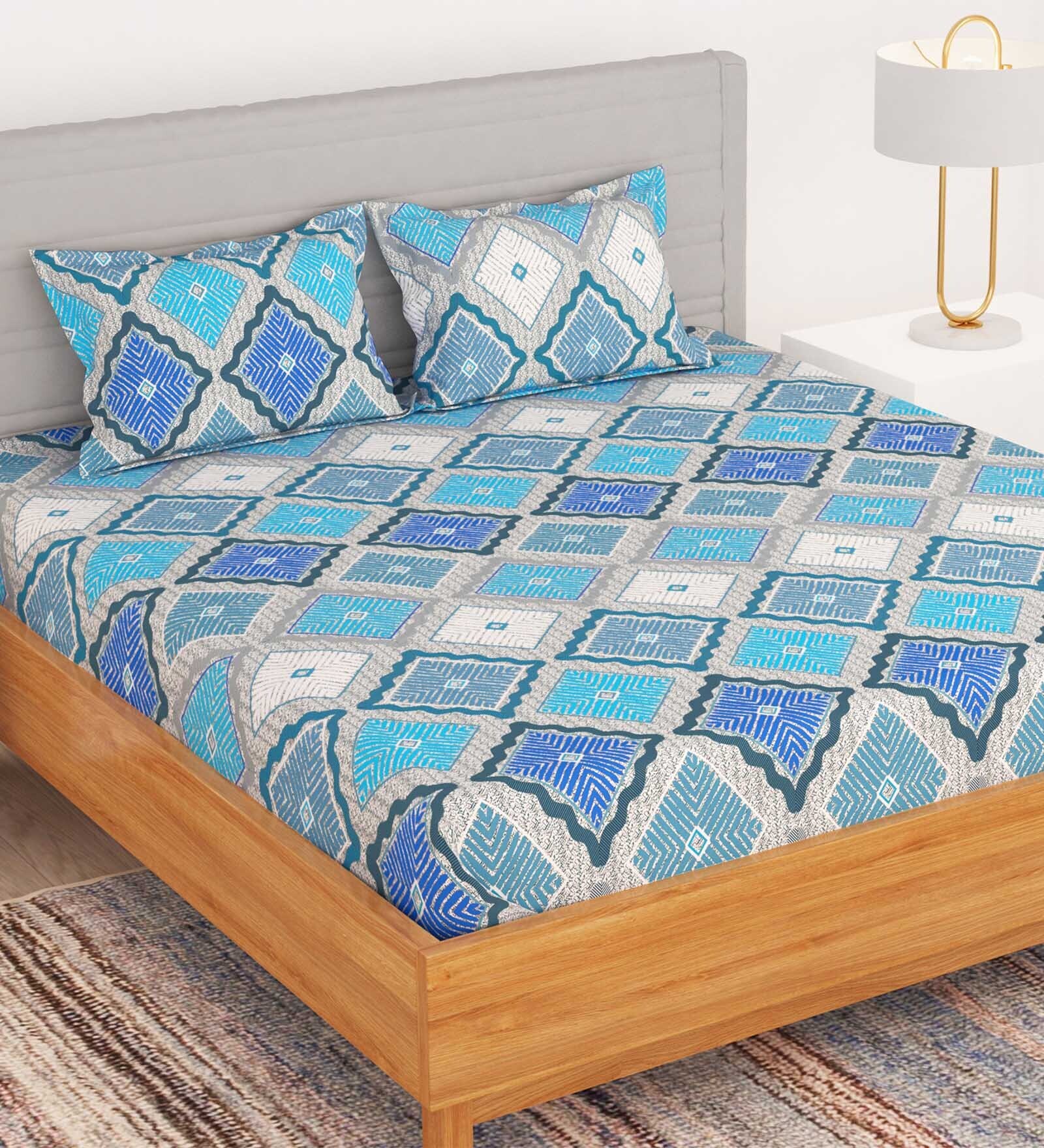 Blue Geometric 180 TC Microfiber Queen Size Bedsheet with 2 Pillow Covers