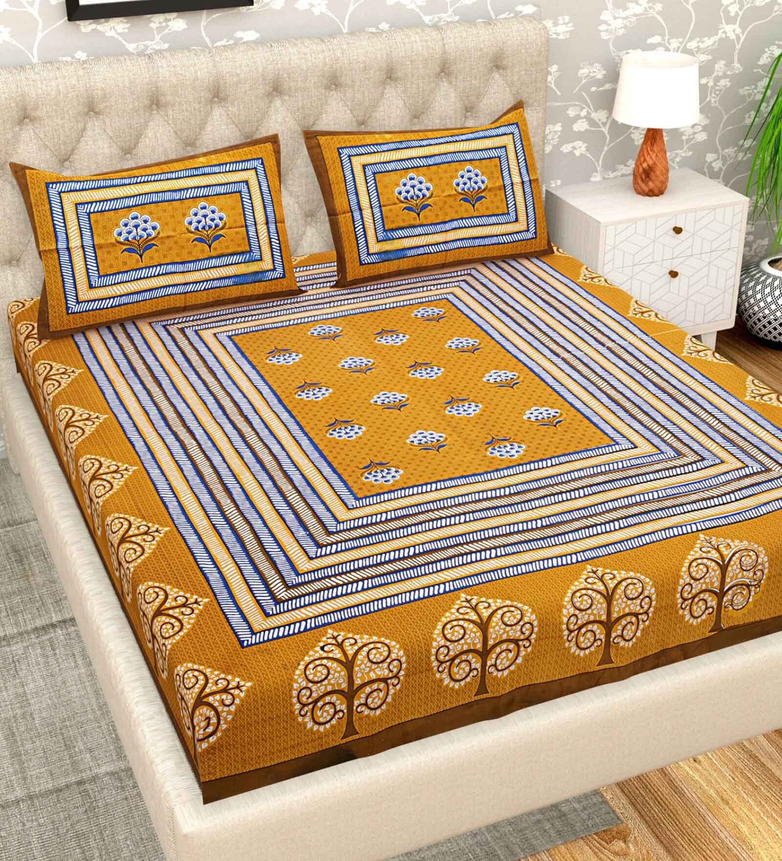 Mustard Geometric 200 TC Cotton Double Queen Sized Bedsheet With 2 Pillow Covers