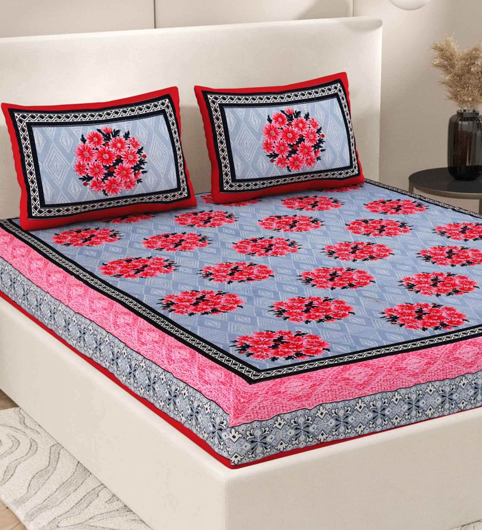 Pink Floral 200 TC Cotton Double Queen Sized Bedsheet With 2 Pillow Covers