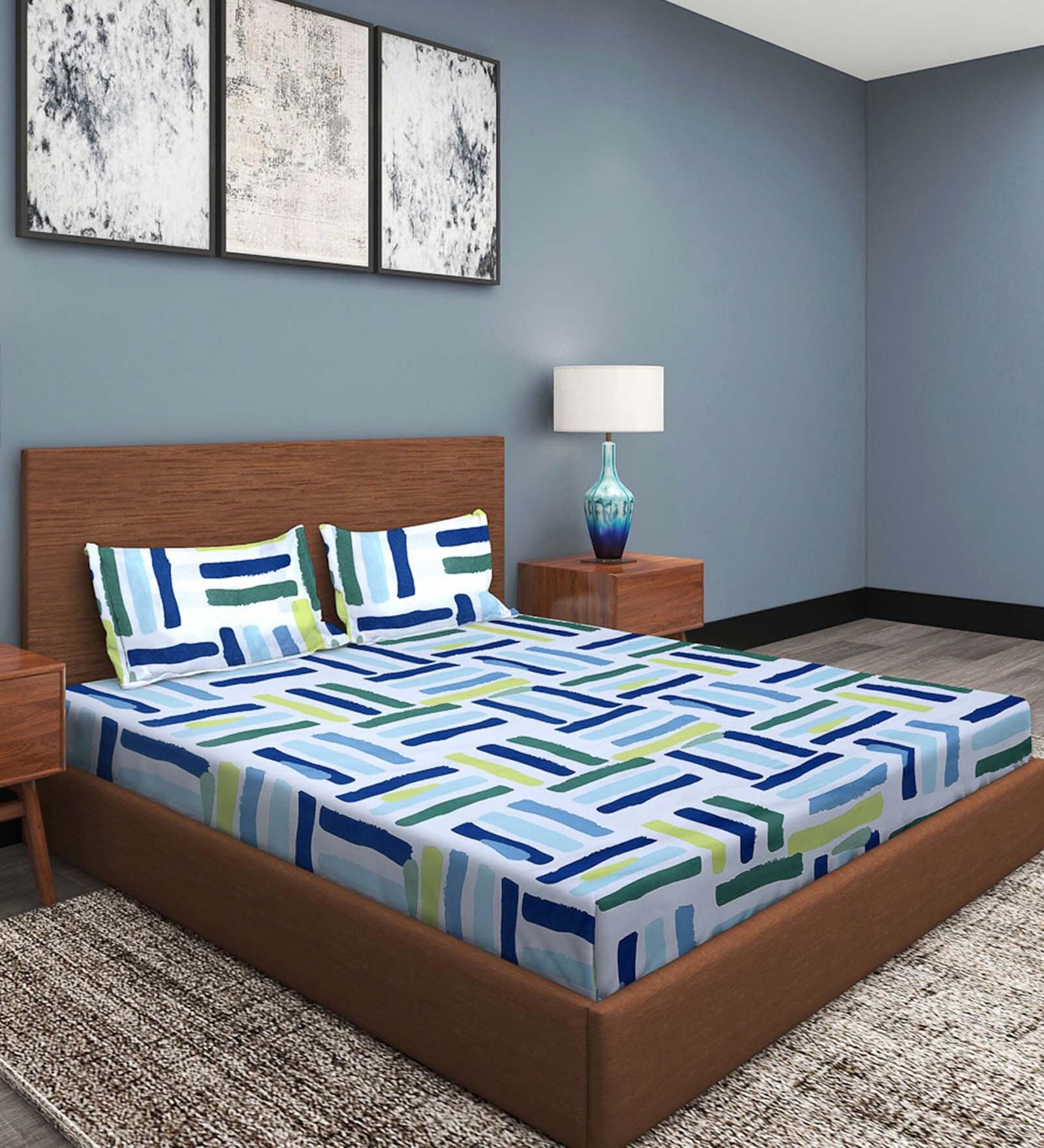 Blue Geometric 144 TC Microfiber Double Sized Bedsheet With 2 Pillow Covers