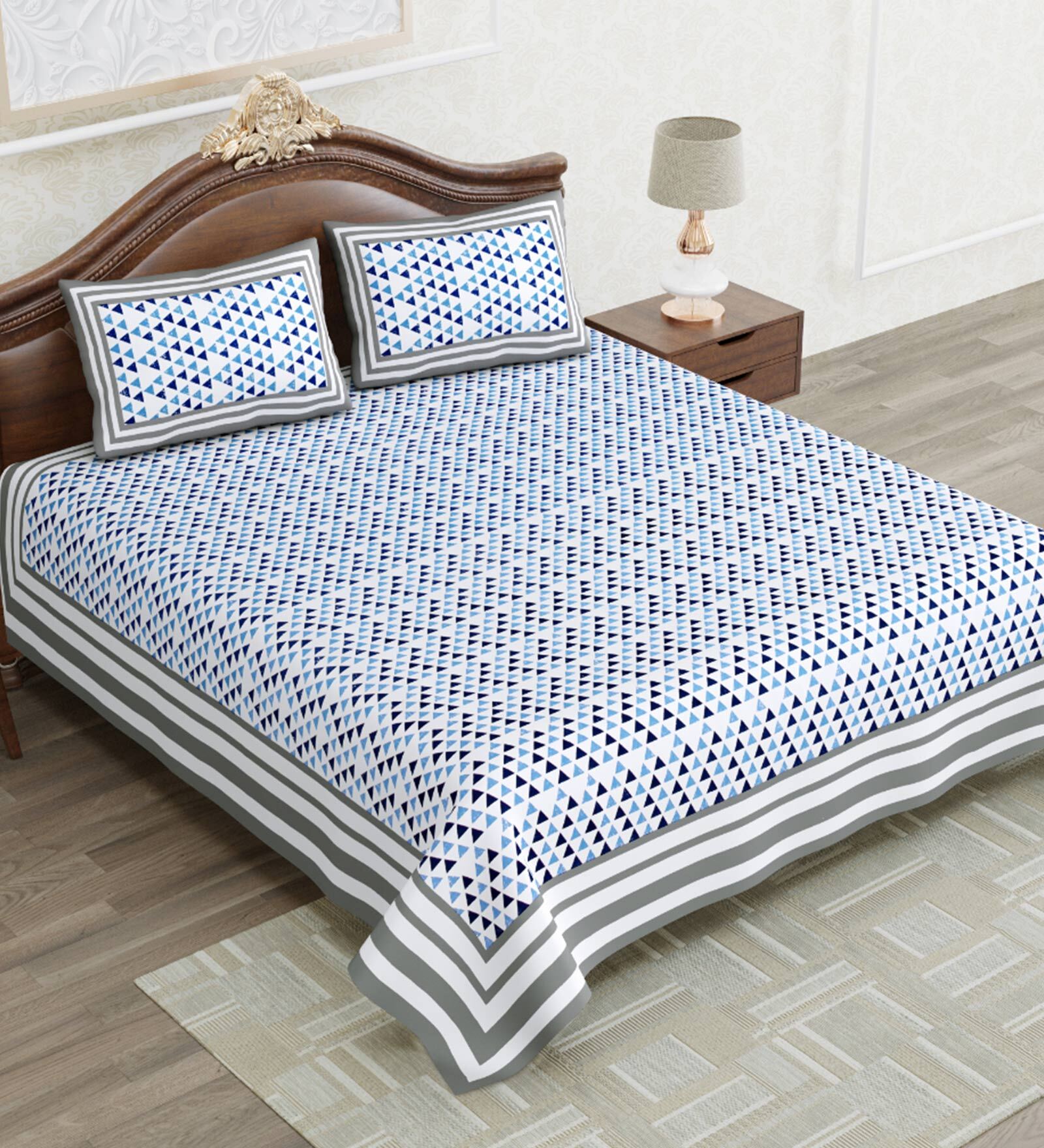 Blue Geometric 210 TC Cotton King Sized Bed Sheets with 2 Pillow Covers