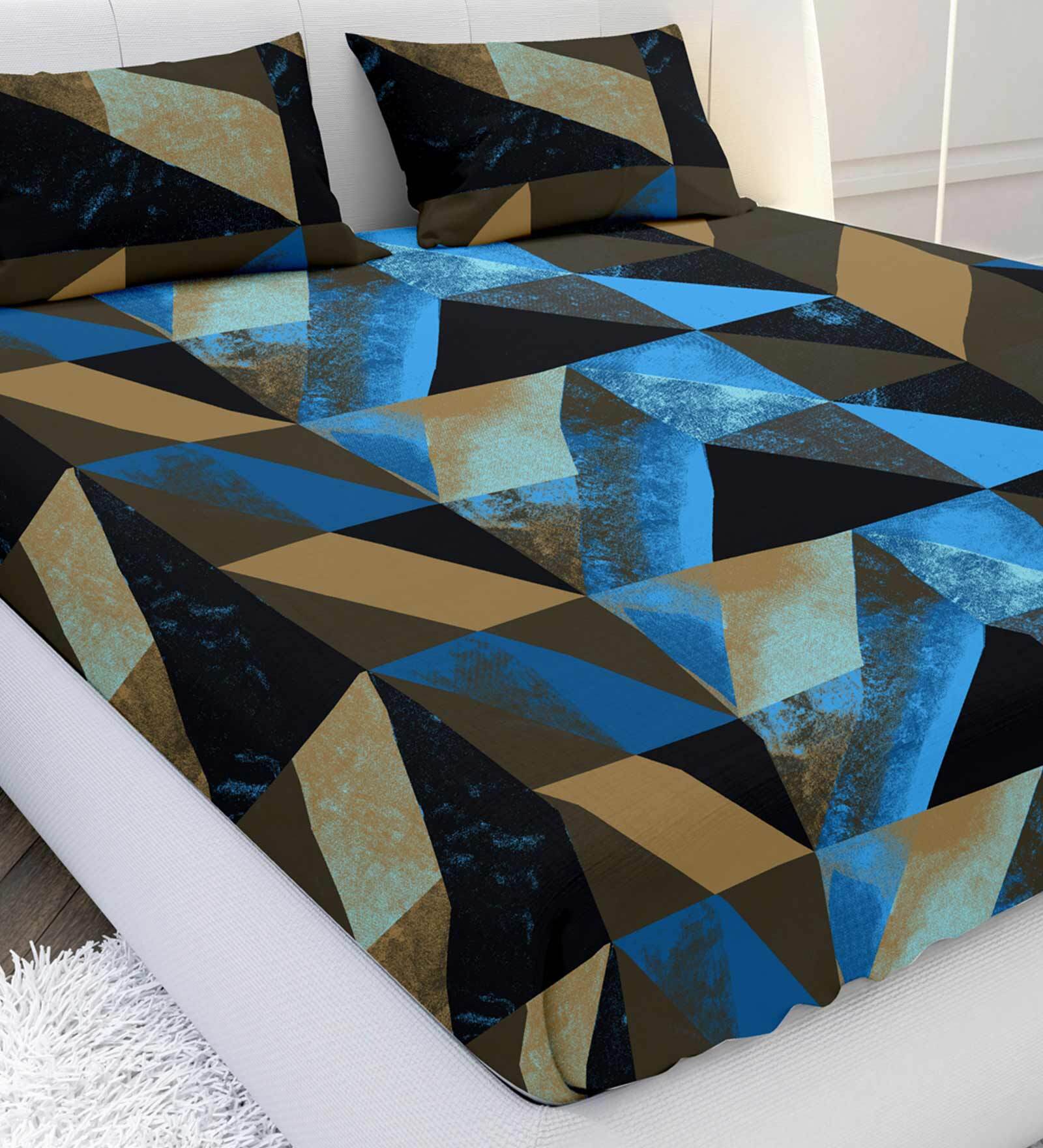 Blue Geometric 210 TC Cotton Satin King Bedsheet With 2 Pillow Covers Artonic Collection