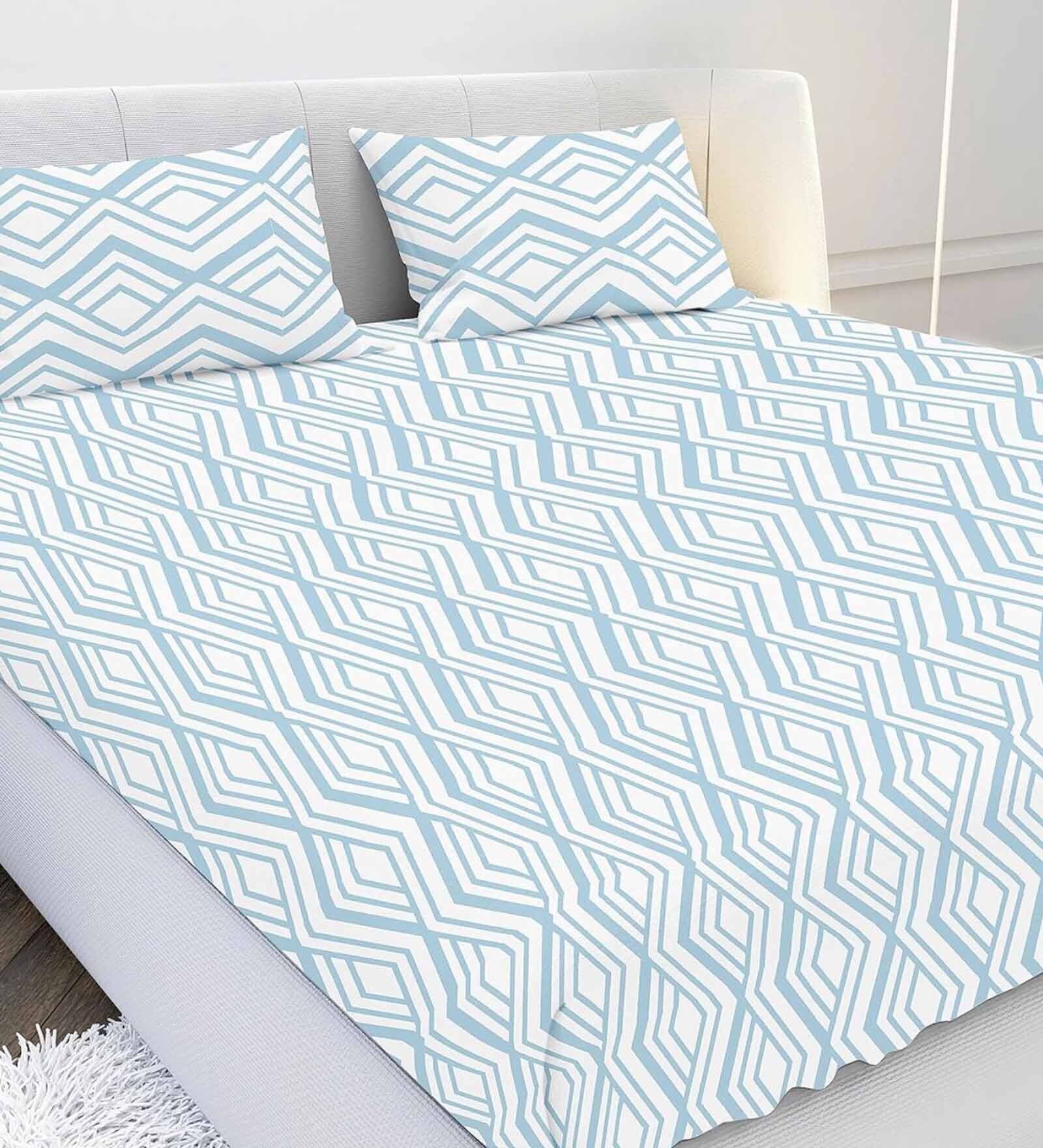 Blue Geometric 210 TC Cotton Super King Bedsheet with 2 Pillow Covers