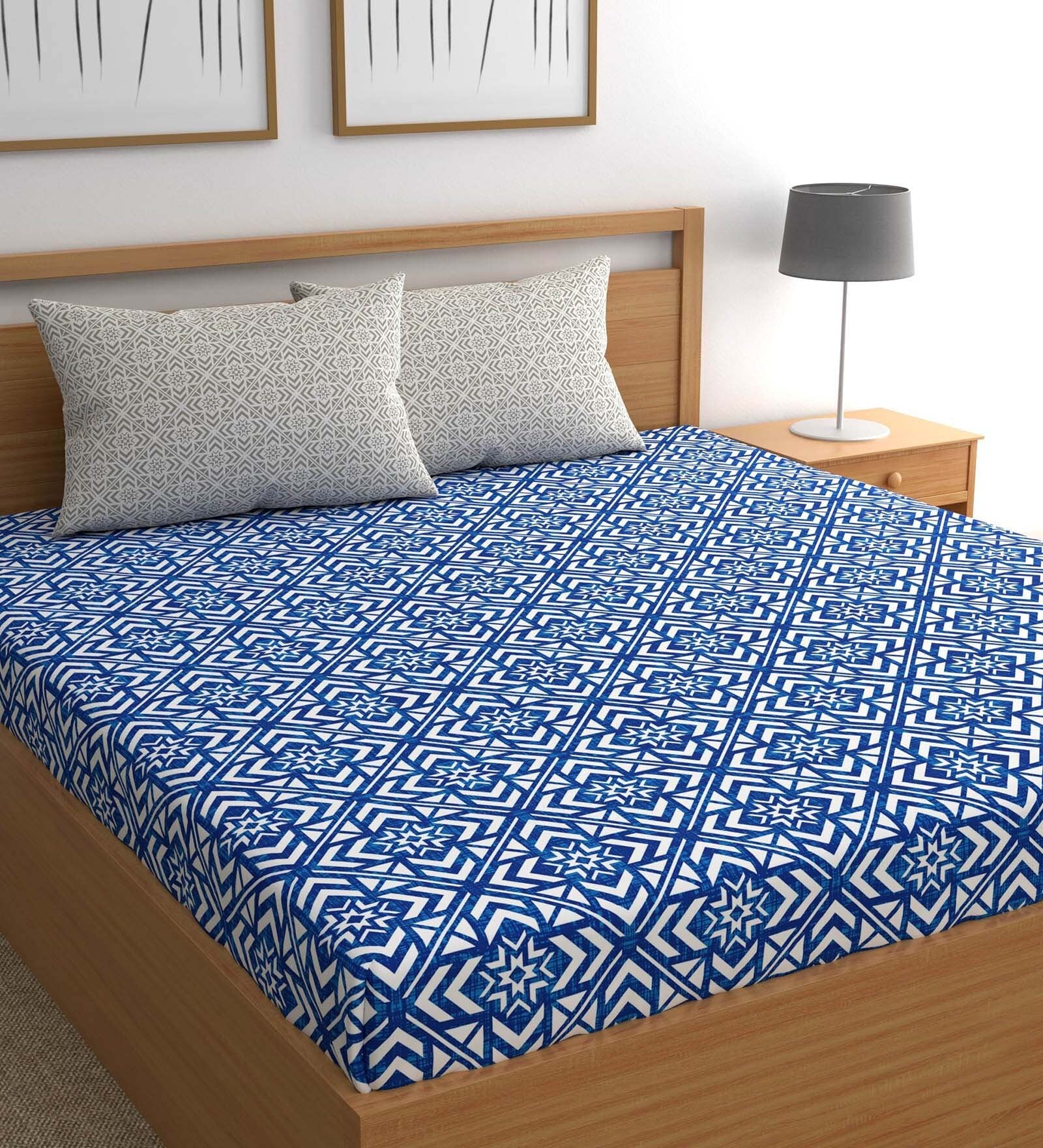 Buy Blue Traditional 210 TC Microfiber King Sized Bed Sheets With 2 ...