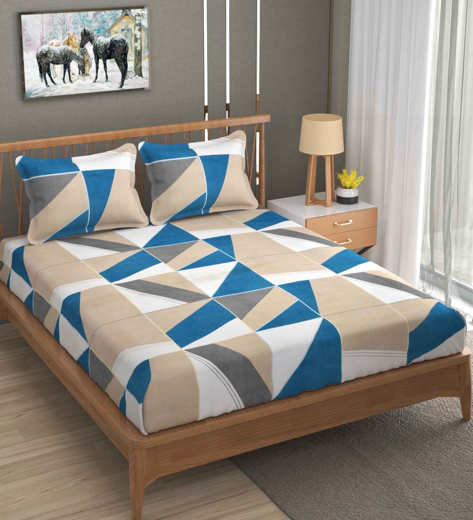 Blue Geometric 240 TC Cotton Blend Fitted King Sized Bedsheet With 2 Pillow Covers