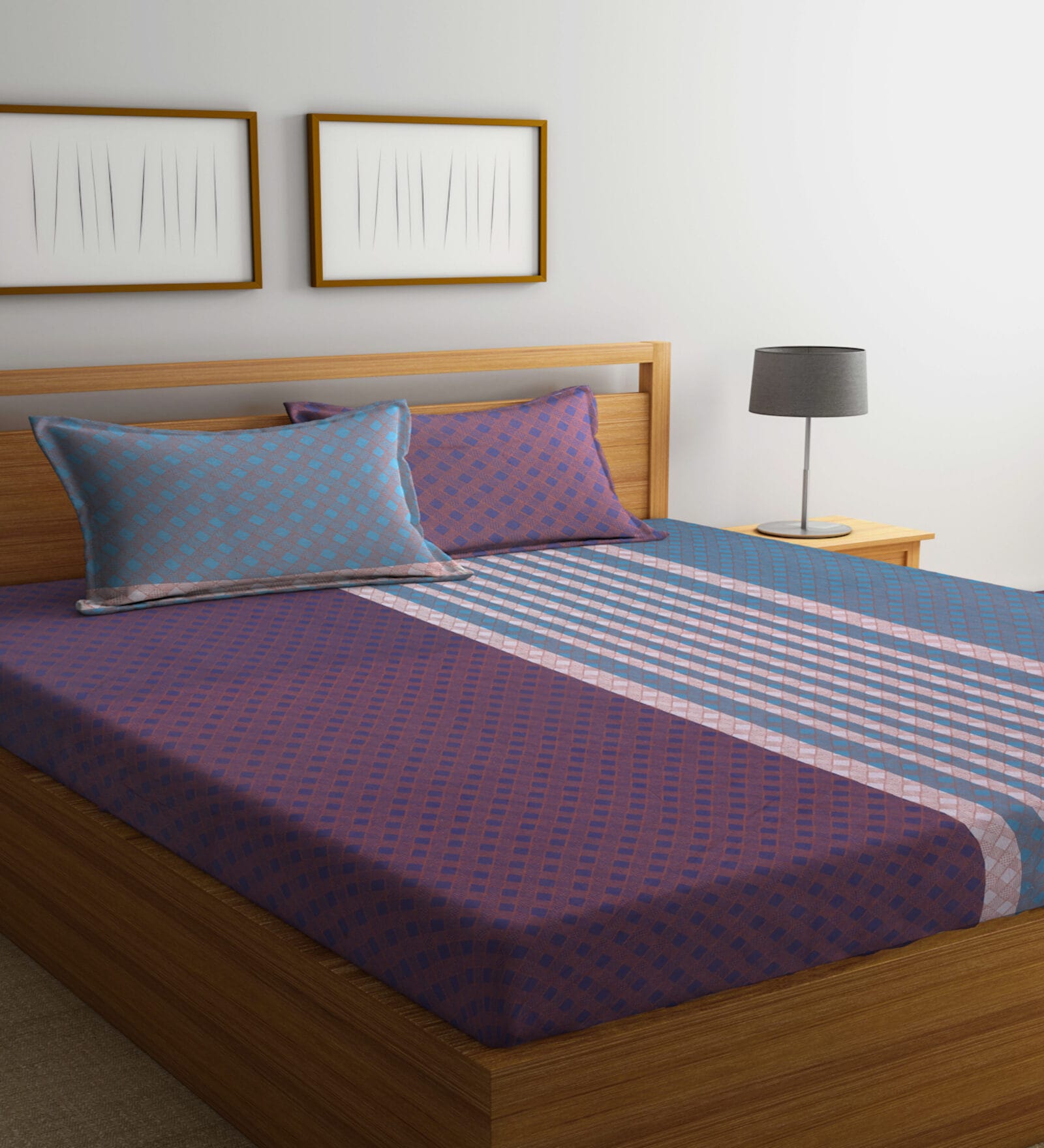 Blue Geometric 300 TC 100% Cotton Double Queen Bedsheet With 2 Pillow Covers