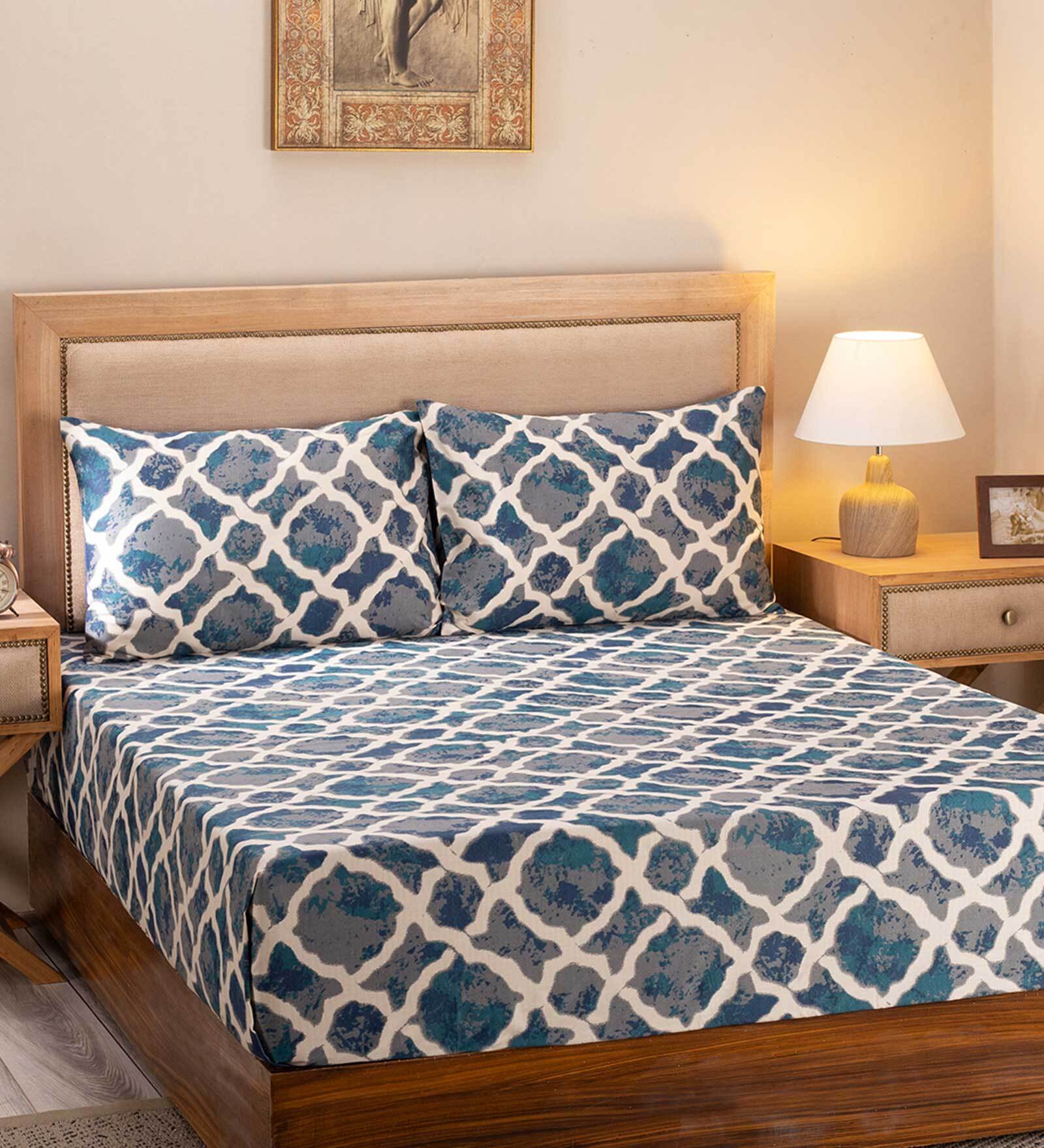 Blue Geometric 300 TC 100% Cotton King Sized Bed Sheets with 2 Pillow Covers