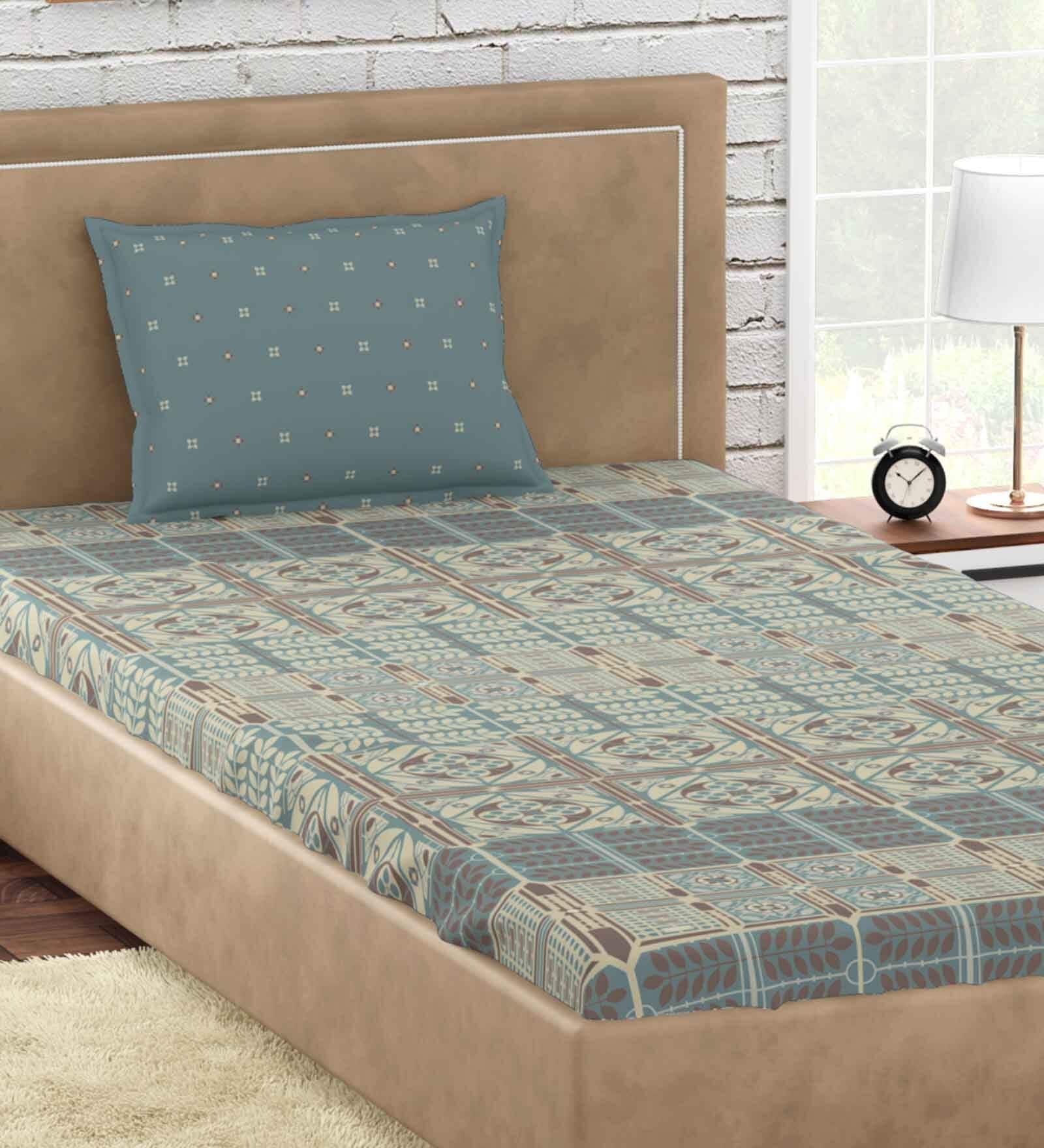Blue Geometric 300 TC 100% Cotton Single Bed Sized Bed Sheets With 1 Pillow Cover