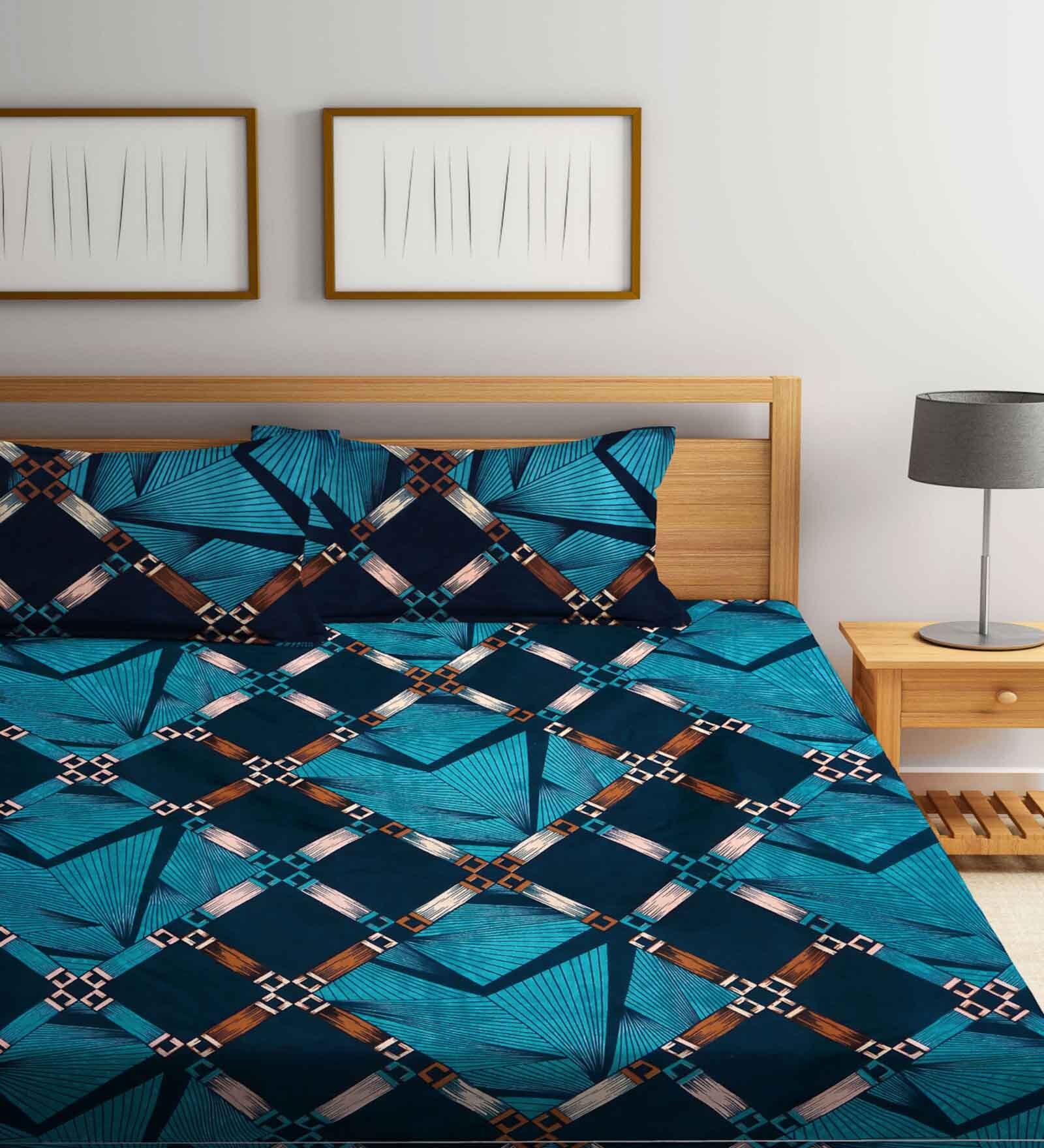 Blue Geometric 300 TC Cotton Blend Double King Sized Bedsheet With 2 Pillow Covers