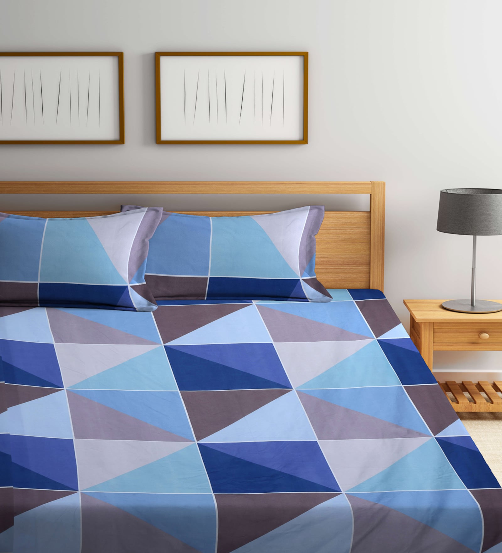 Blue Geometric 300 TC Cotton Blend Double King Sized Bedsheet With 2 Pillow Covers