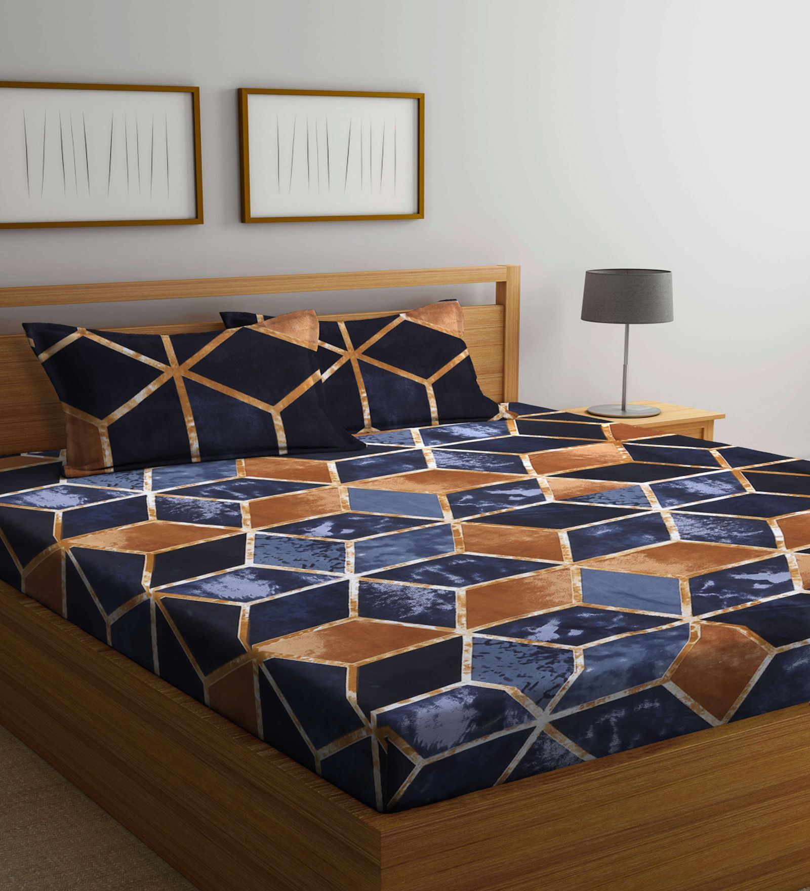 Buy Blue And Brown Geometric 300 Tc Cotton Blend Double Queen Size