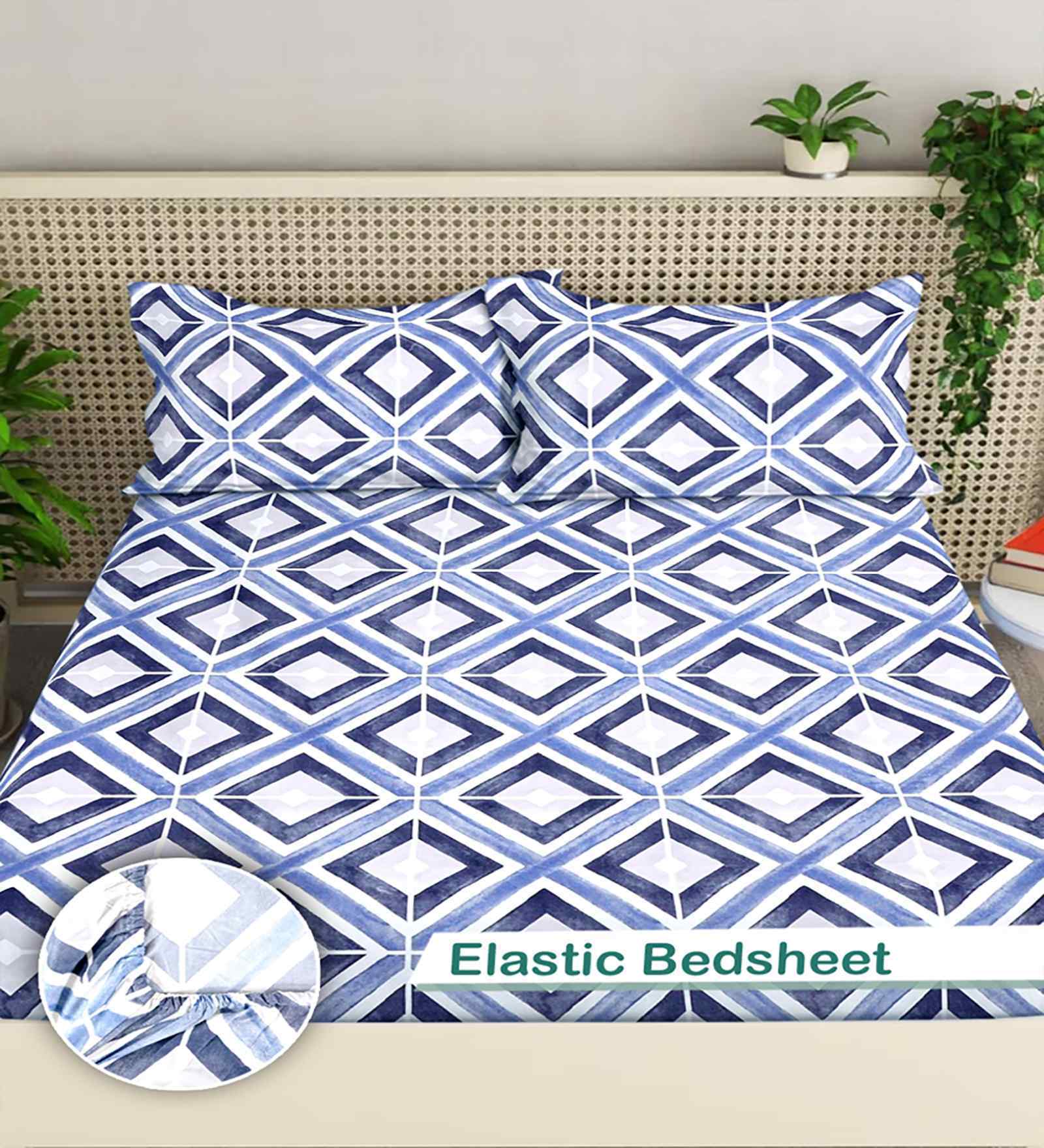 Blue Geometric 300 TC Cotton Blend King Size Fitted Double Bedsheet with 2 Pillow Covers