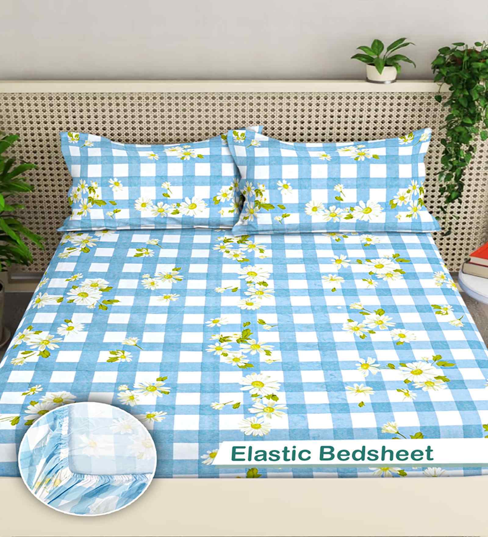 Blue Geometric 300 TC Cotton Blend King Size Fitted Double Bedsheet with 2 Pillow Covers