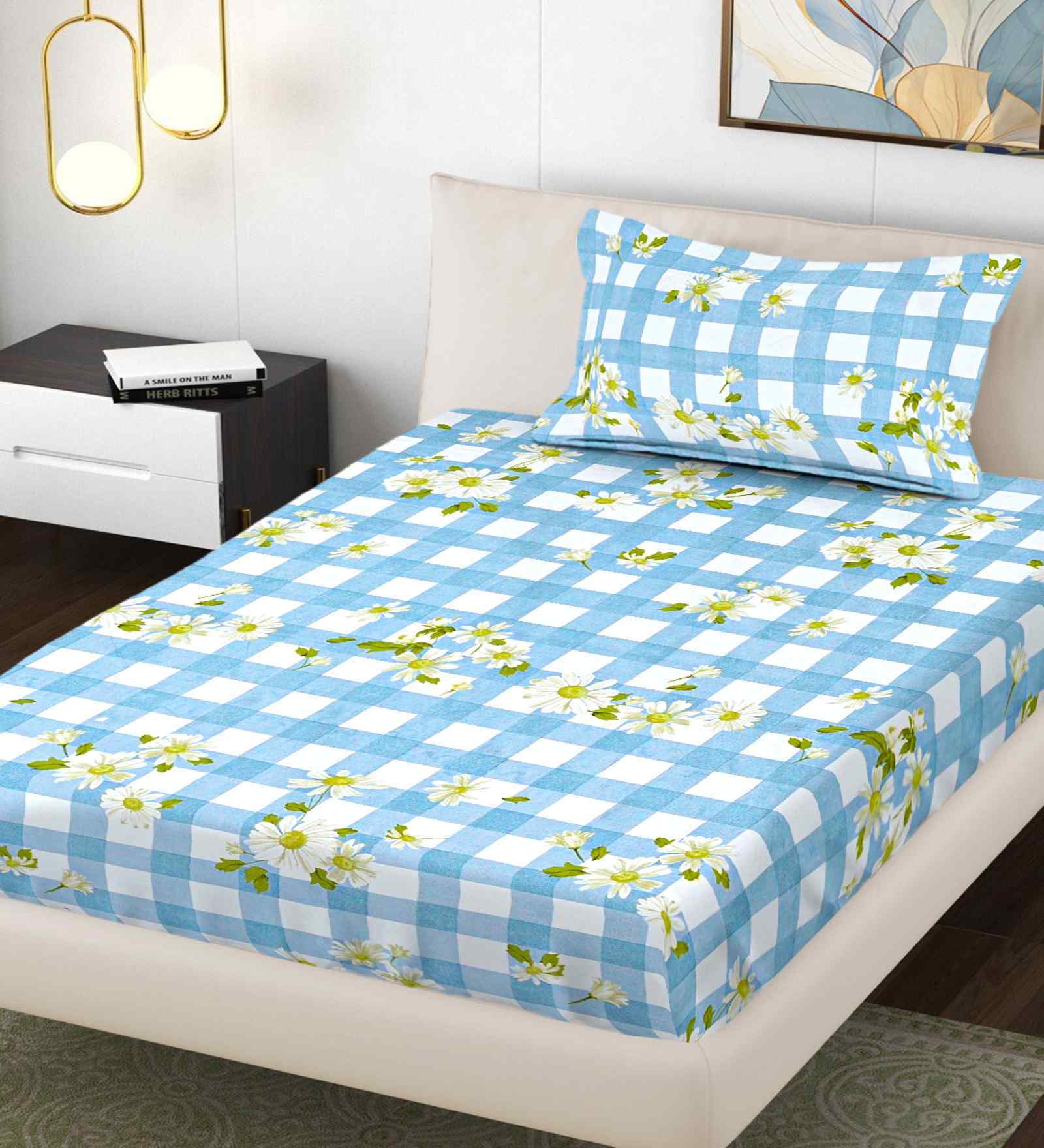 Blue Geometric 300 TC Cotton Blend Single Bedsheet with 1 Pillow Cover