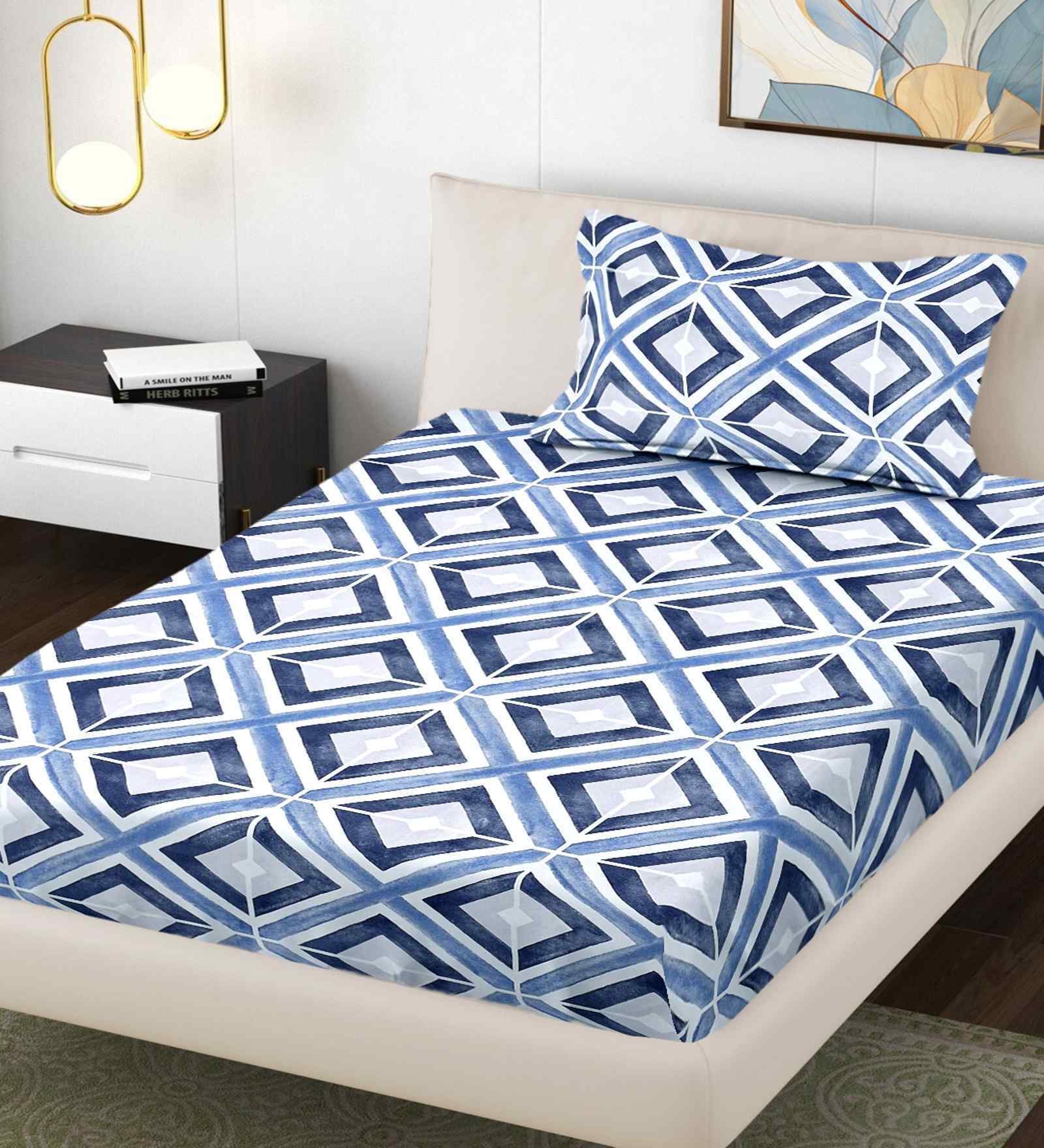 Blue Geometric 300 TC Cotton Blend Single Bedsheet with 1 Pillow Cover