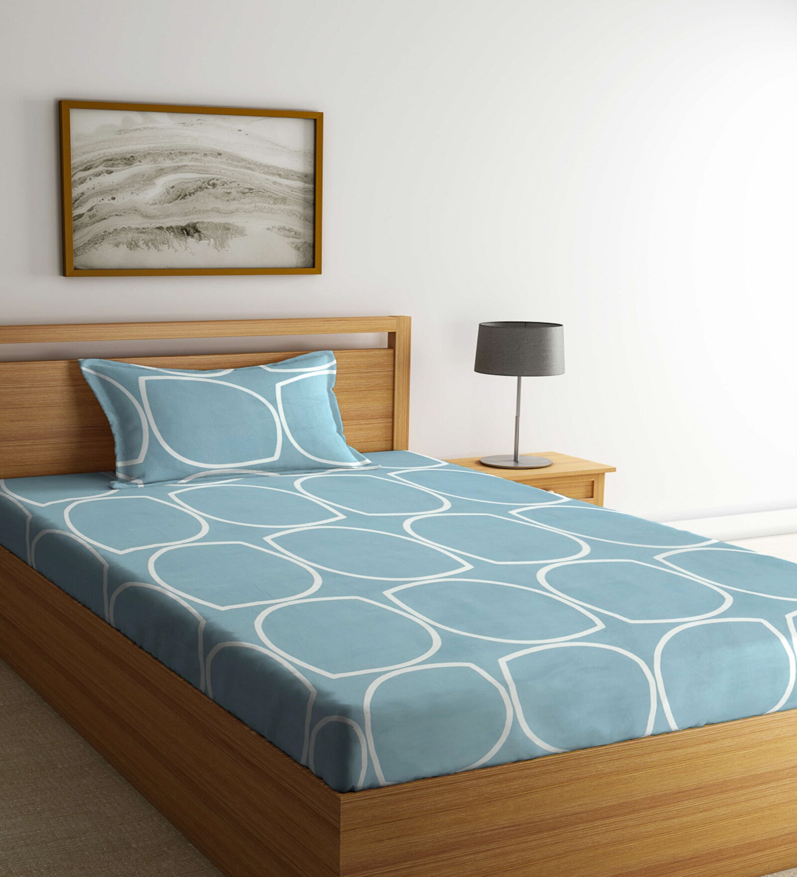 Blue Geometric 300 TC Cotton Single Bedsheet with 1 Pillow Cover