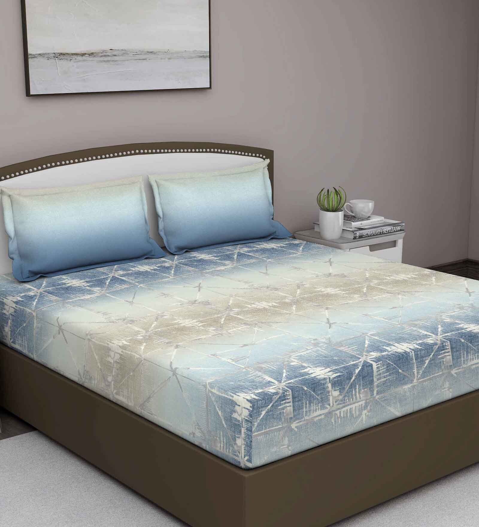 Blue Geometric 400 TC Cotton Queen Sized Bed Sheets with 2 Pillow Covers