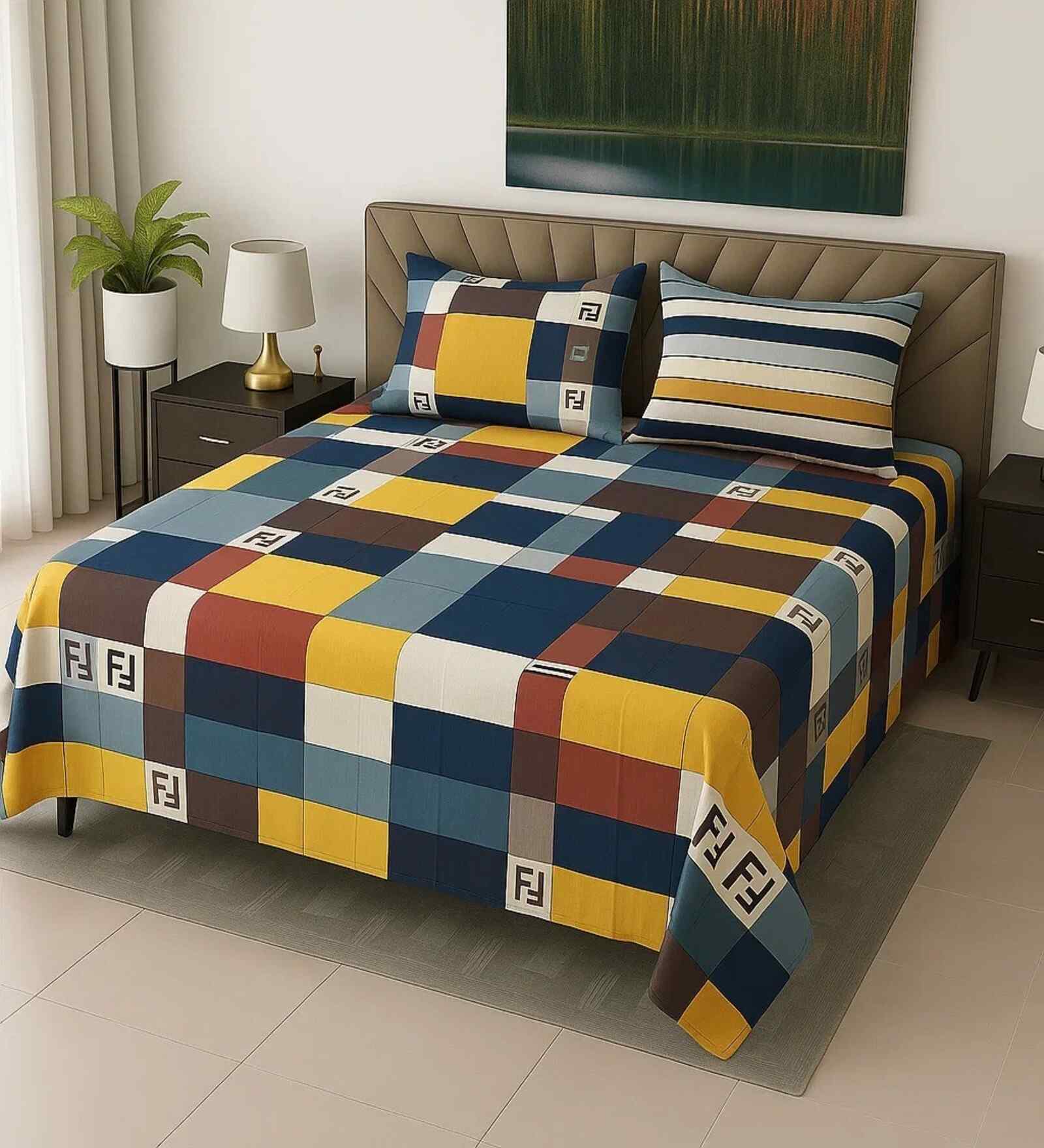 Blue Geometric 400 TC Cotton SuperKing Sized Double Bedsheet with 2 Pillow Covers Luxury Series Collection