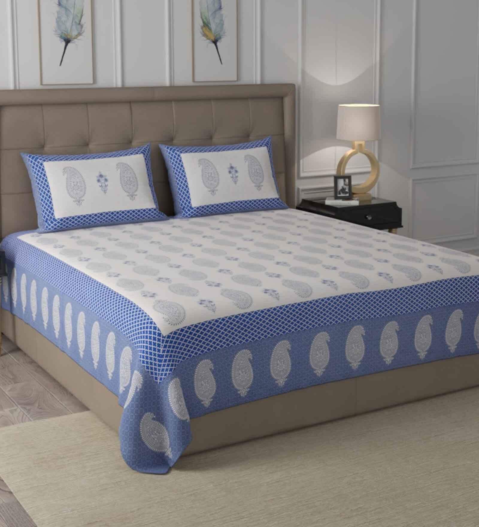 Blue Traditional 600 TC Cotton Double King Sized Bedsheet With 2 Pillow Covers