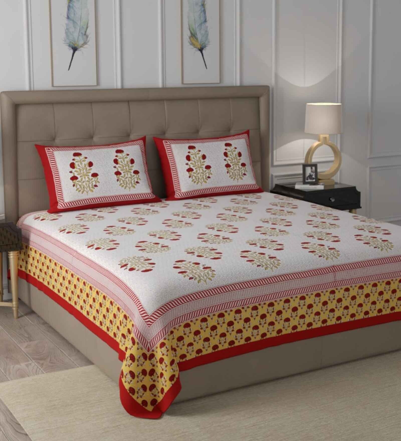 Red Traditional 600 TC Cotton Double King Sized Bedsheet With 2 Pillow Covers
