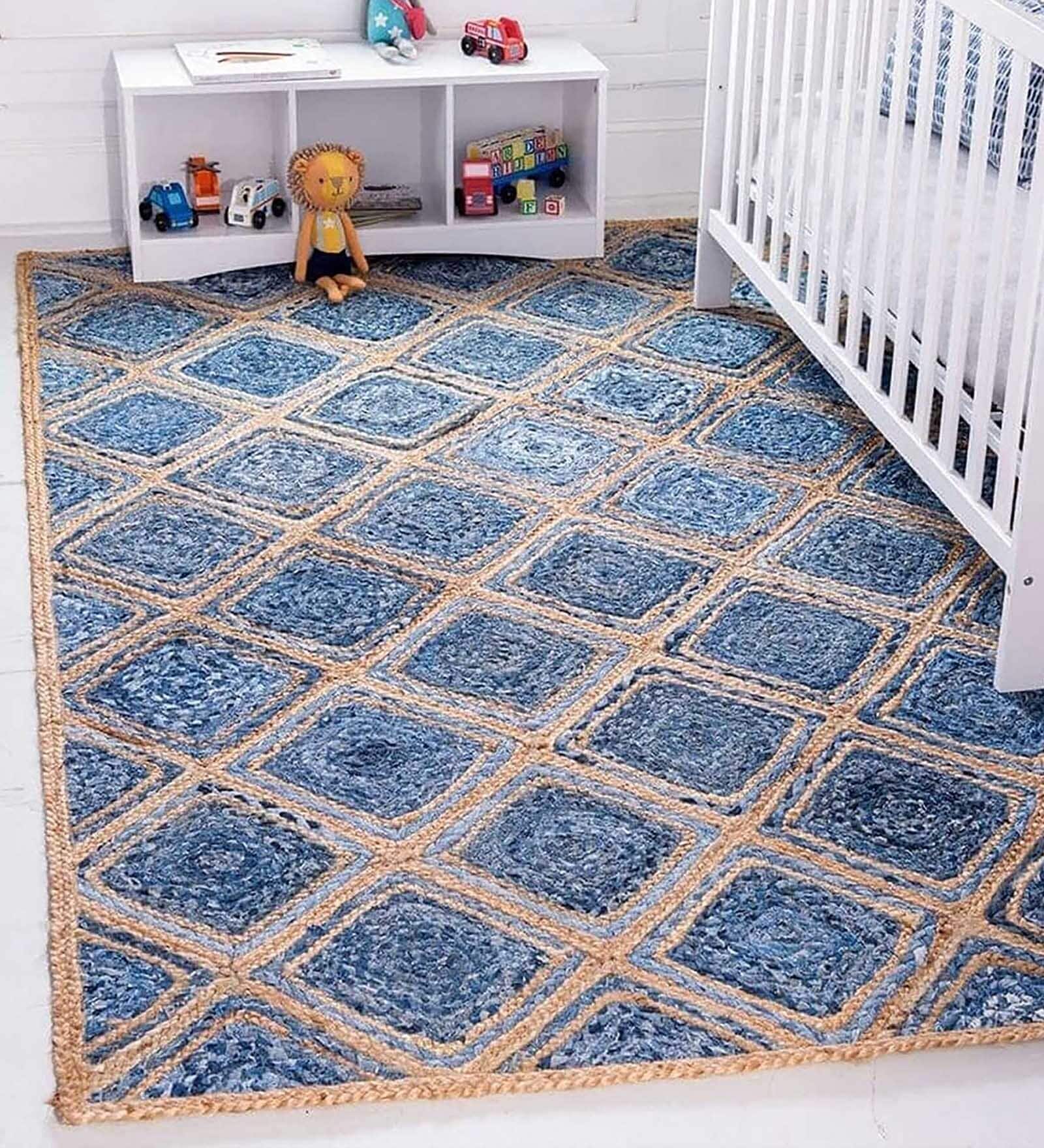 Blue Geometric Jute 3 ftx5 ft Hand Woven Carpet