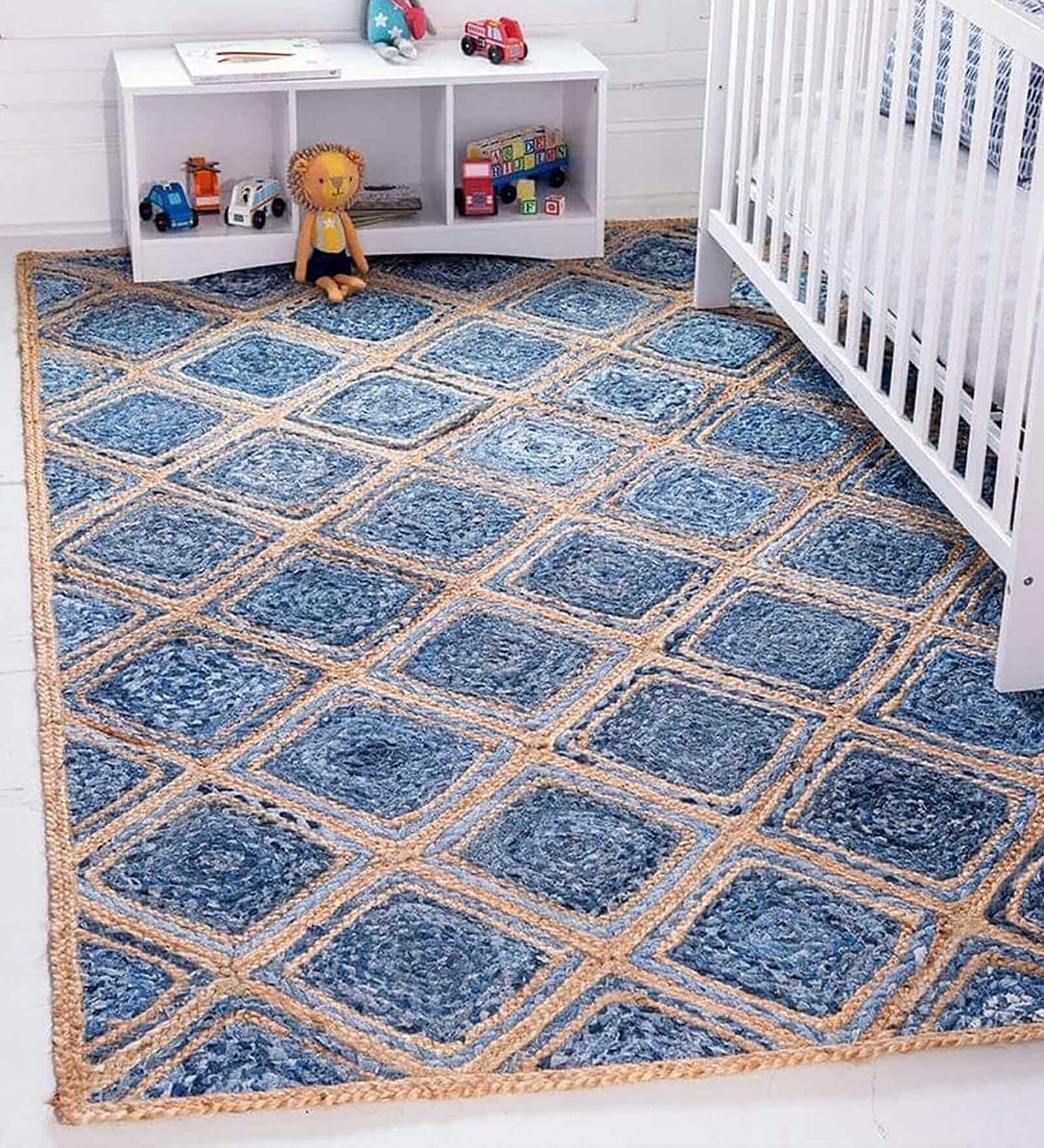 Blue Geometric Jute 3 ftx5 ft Hand Woven Carpet