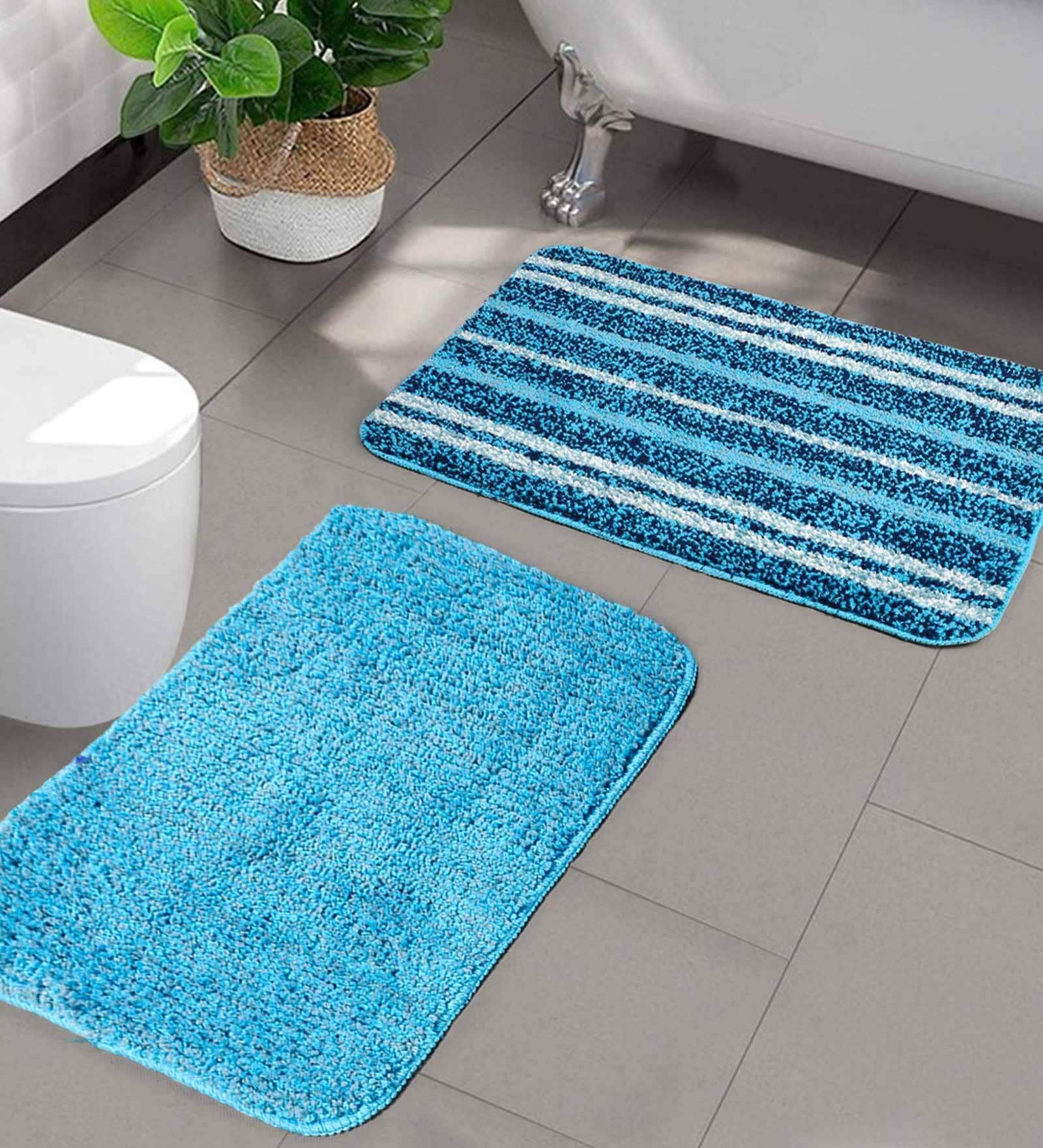 Buy Blue Geometric Microfibre 20x14 Inches AntiSkid Bath Mat (Set of 2