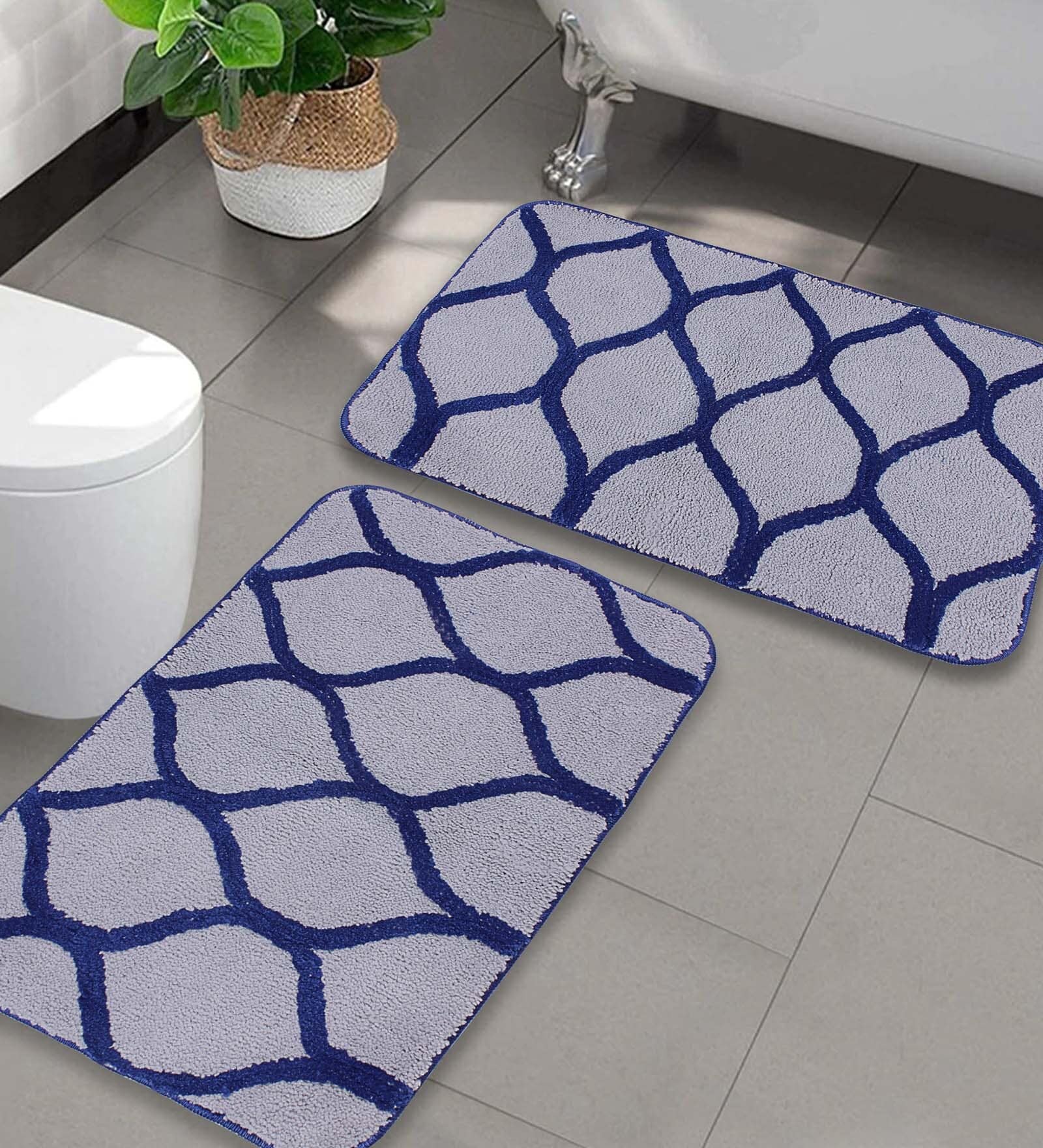 Blue Abstract Microfibre 20x14 Inches AntiSkid Bath Mats (Set of 2)