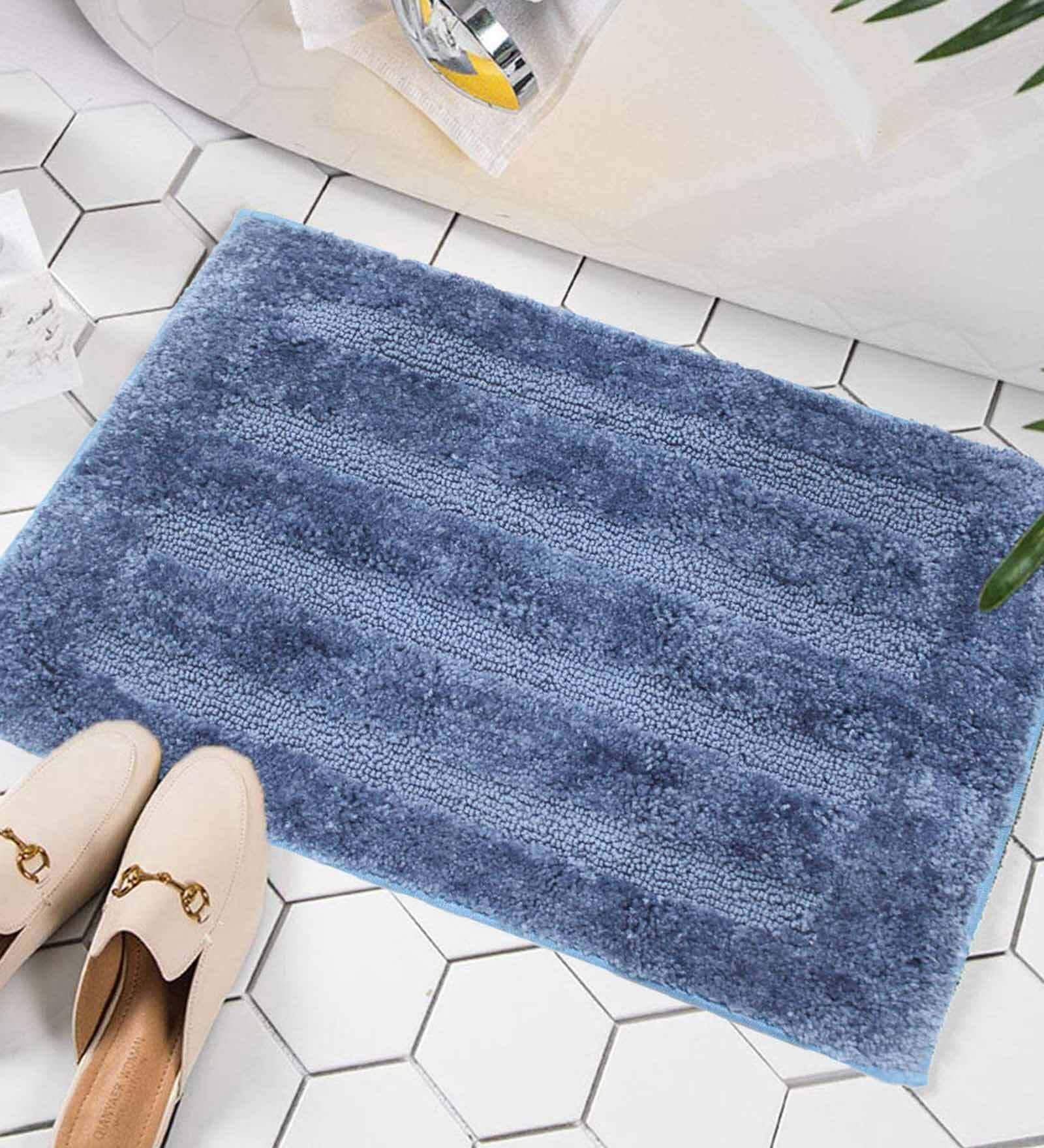 Blue Geometric Microfibre 24x16 Inches AntiSkid Bath Mat
