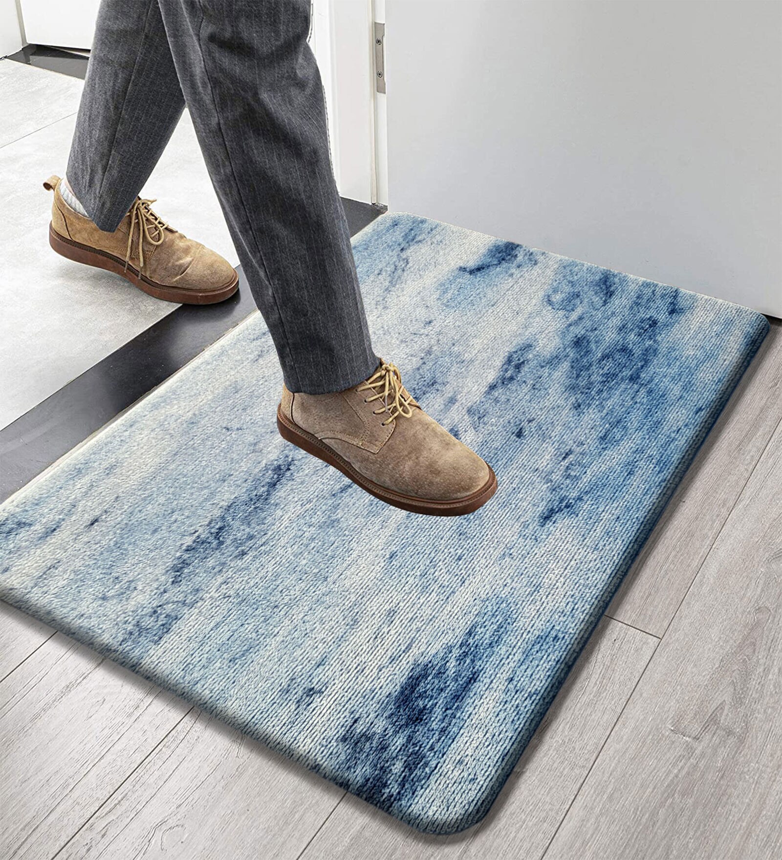 Blue Geometric Microfibre 30x18 Inches Anti Skid Door Mat