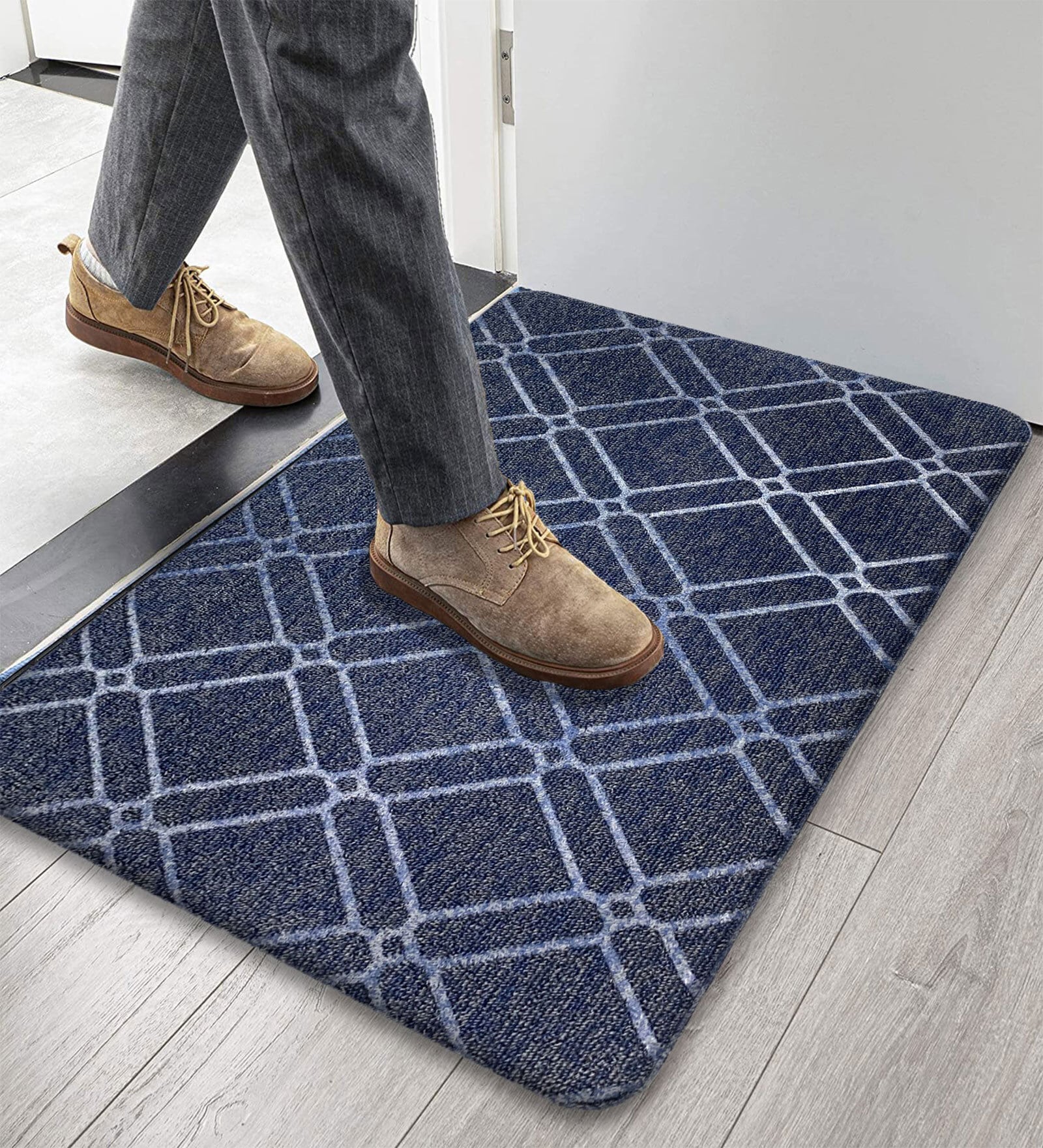 Blue Geometric Microfibre 30x18 Inches Anti Skid Door Mat