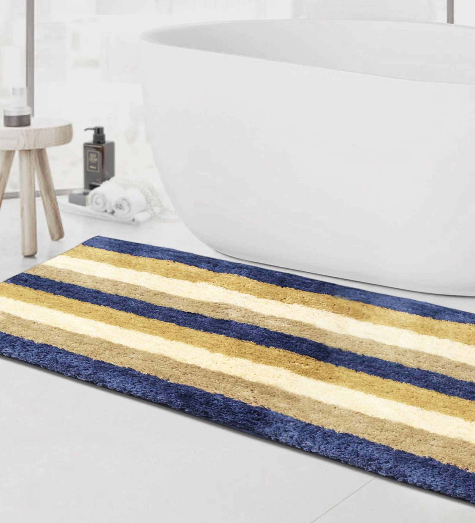 Blue Geometric Microfibre 36x24 Inches AntiSkid Bath Mat