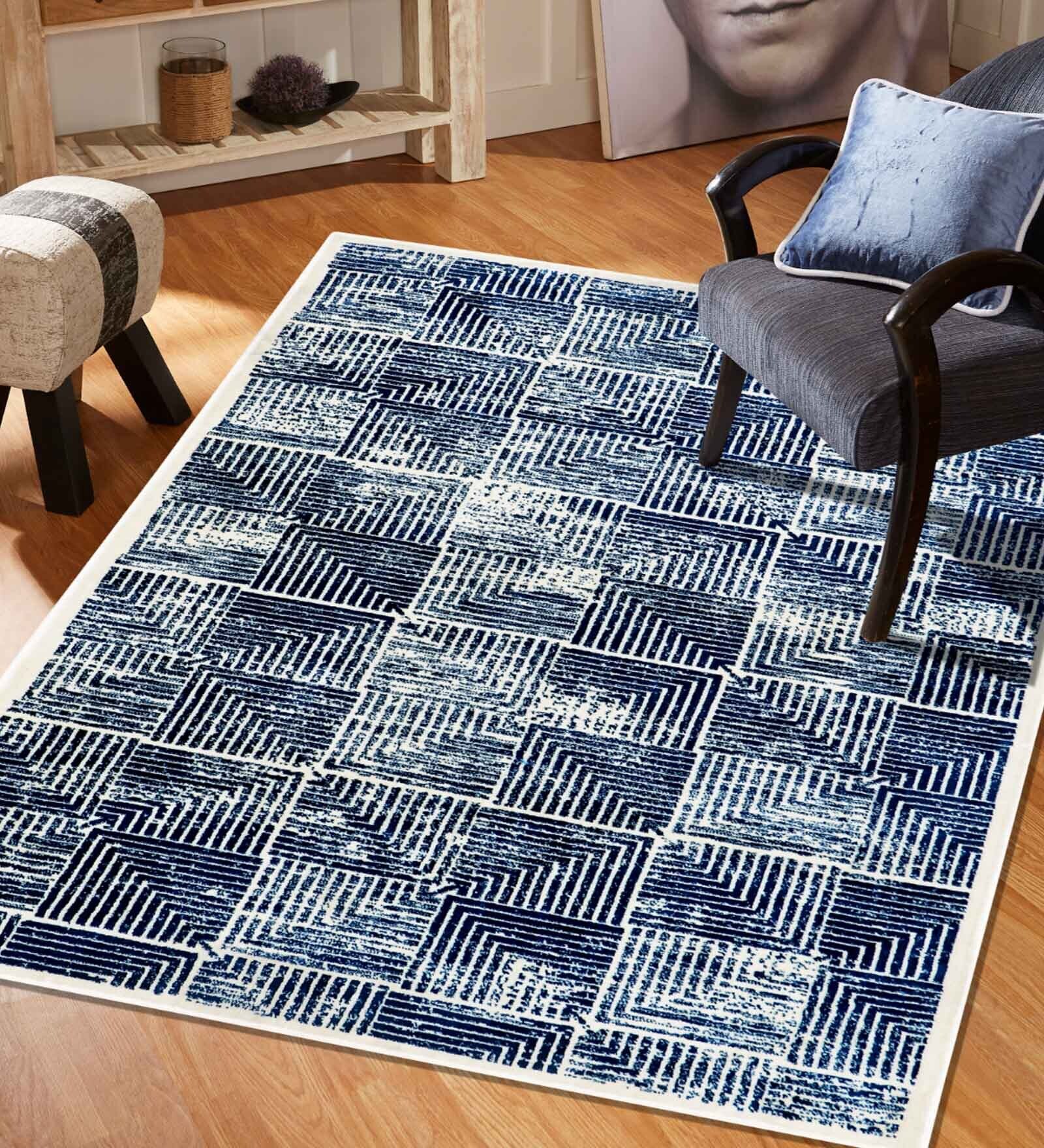 Blue Geometric Nylon 3 ft x 5 ft Machine Made Carpet