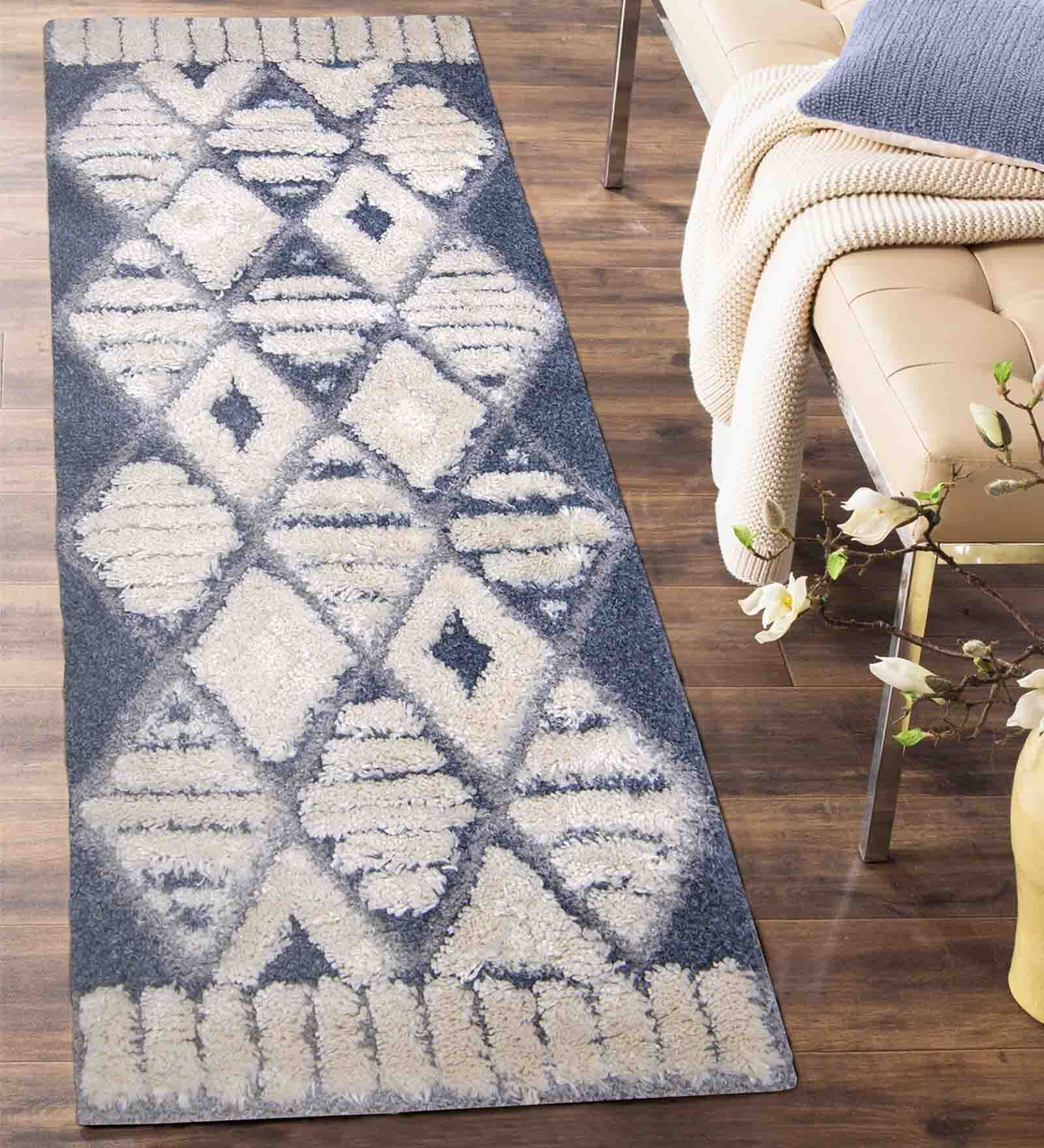 Blue Geometric Polyester 59x24 Inches Machine Made Floor Runner