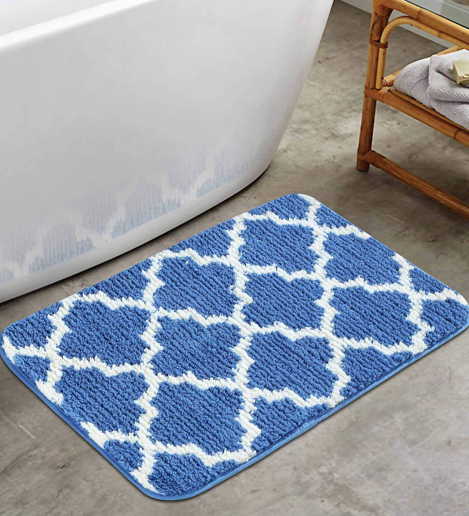 Blue Traditional Polyester 24x16 Inches AntiSkid Bath Mat