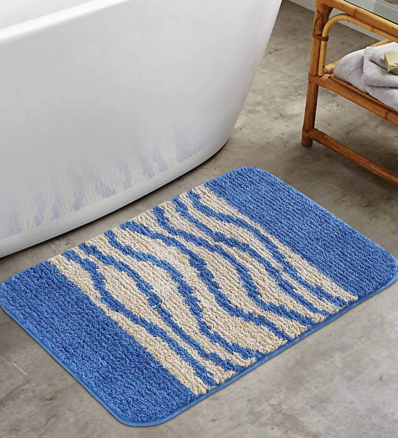 Blue Geometric Polyester 24x16 Inches AntiSkid Bath Mat