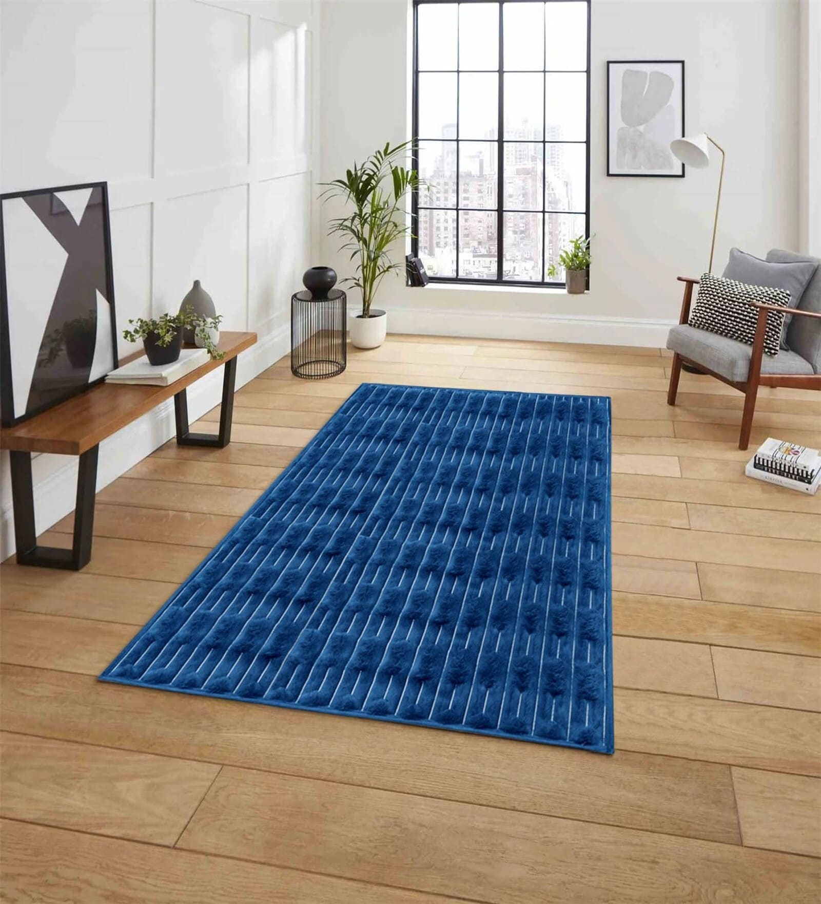 Blue Geometric Polyester Blend 3 X 5 Feet Rabbit Fur Machine Made Carpet