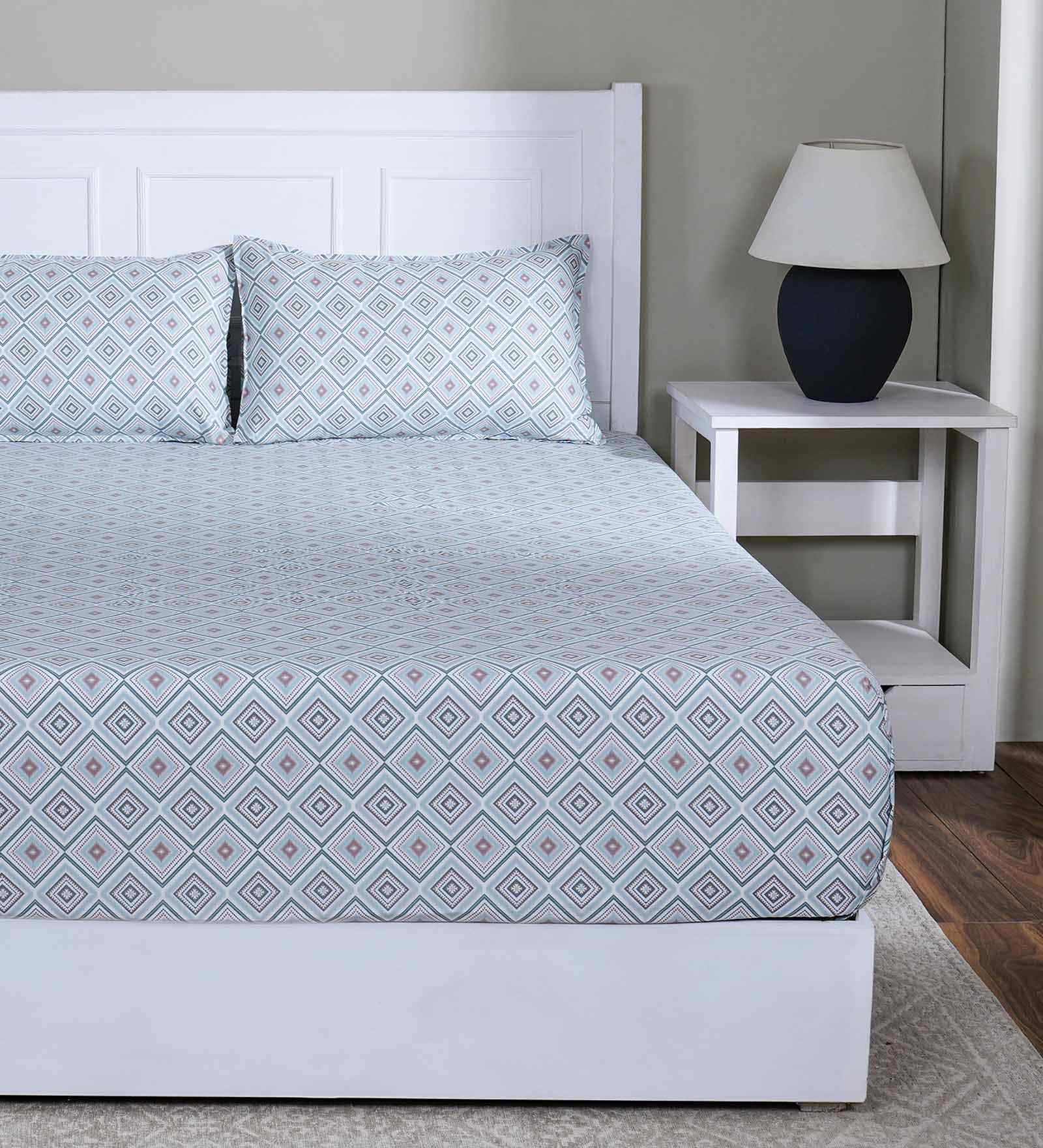 Blue Geometric Print 144 TC Cotton Double Bed Fitted Sheet with 2 Pillow Case Sensory Bloom Collection