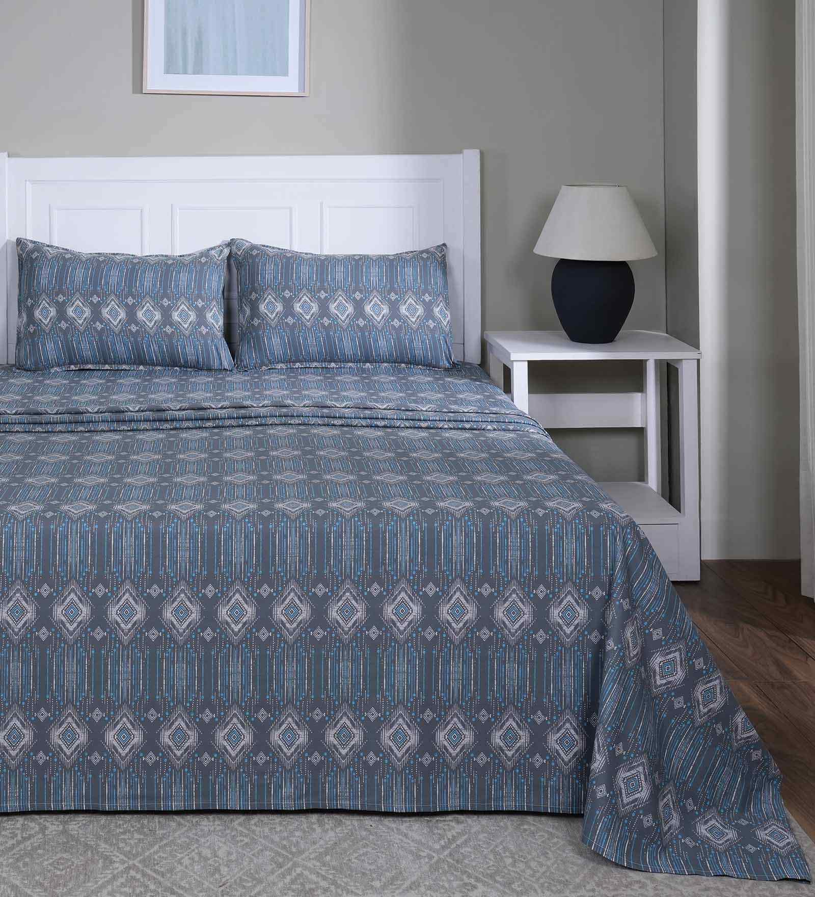 Blue Geometric Print 144 TC Cotton Double Bed Sheet with 2 Pillow Covers Sensory Bloom Collection