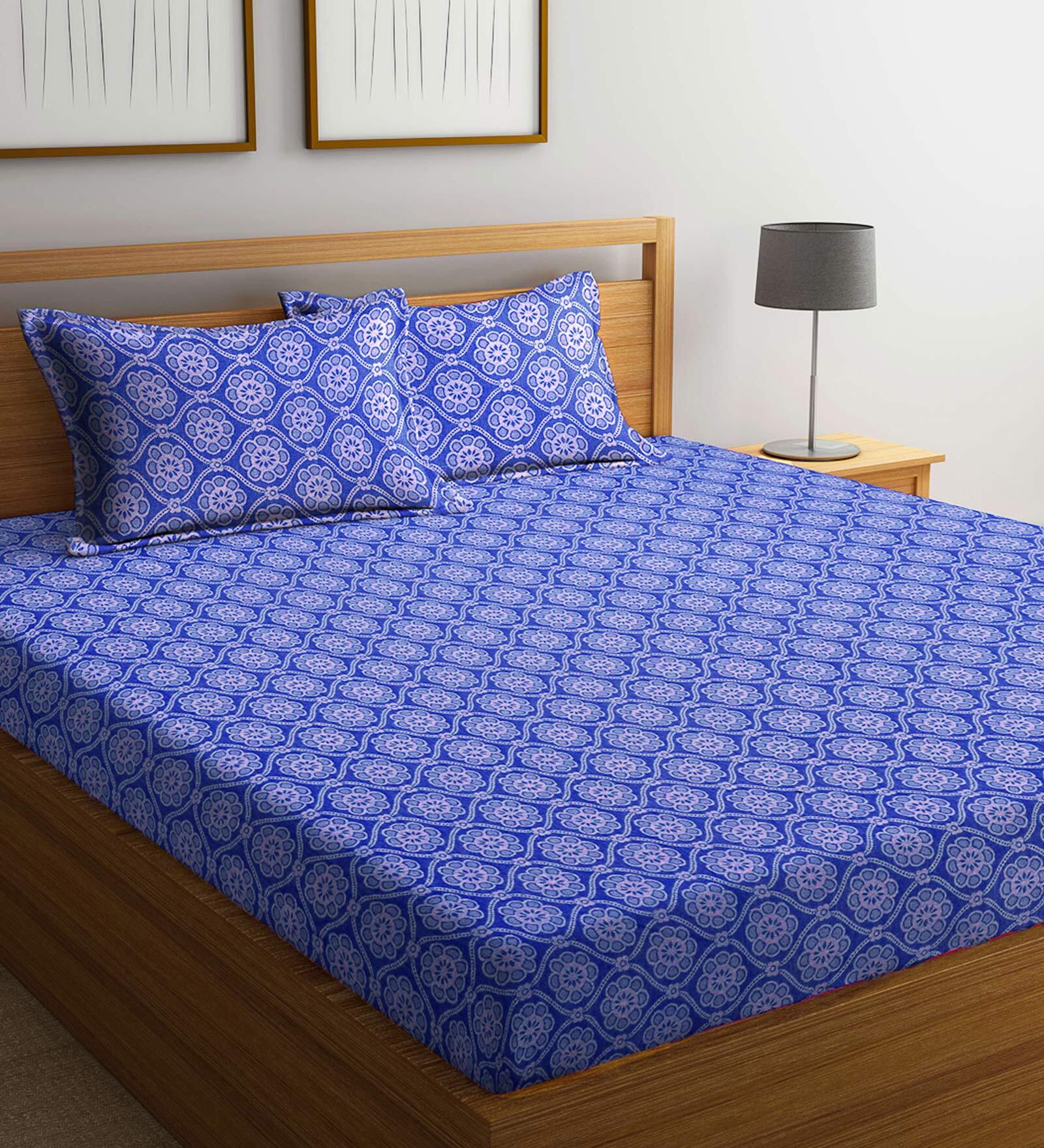 Buy Blue Traditional 300 TC 100 Cotton King Sized Bed Sheets with 2