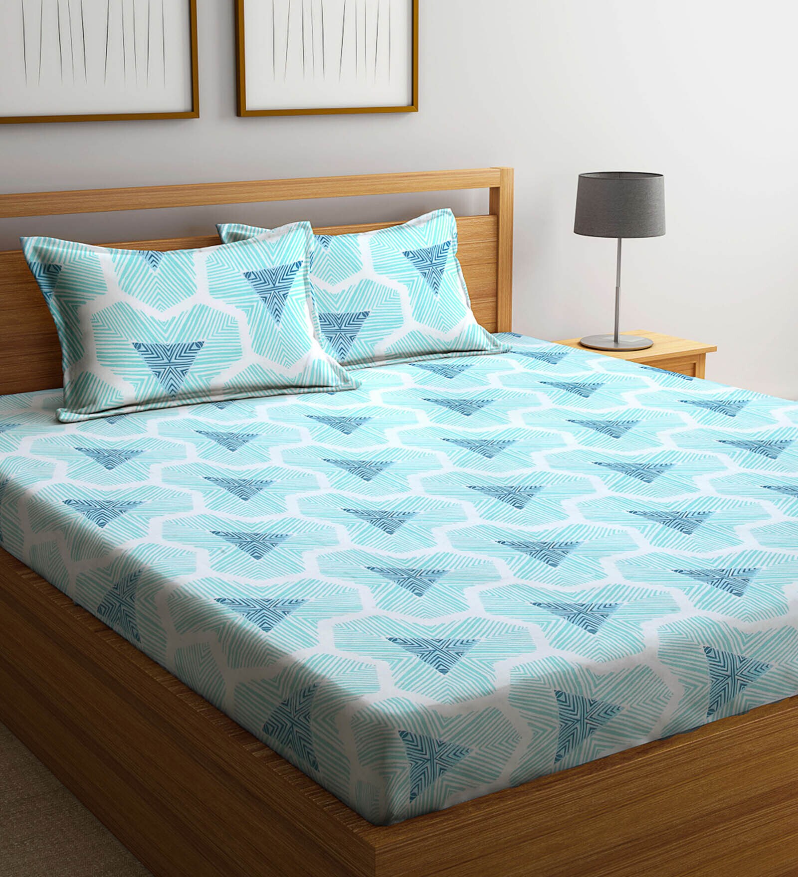Blue Abstract 300 TC Cotton Blend Queen Sized Bed Sheets with 2 Pillow Covers