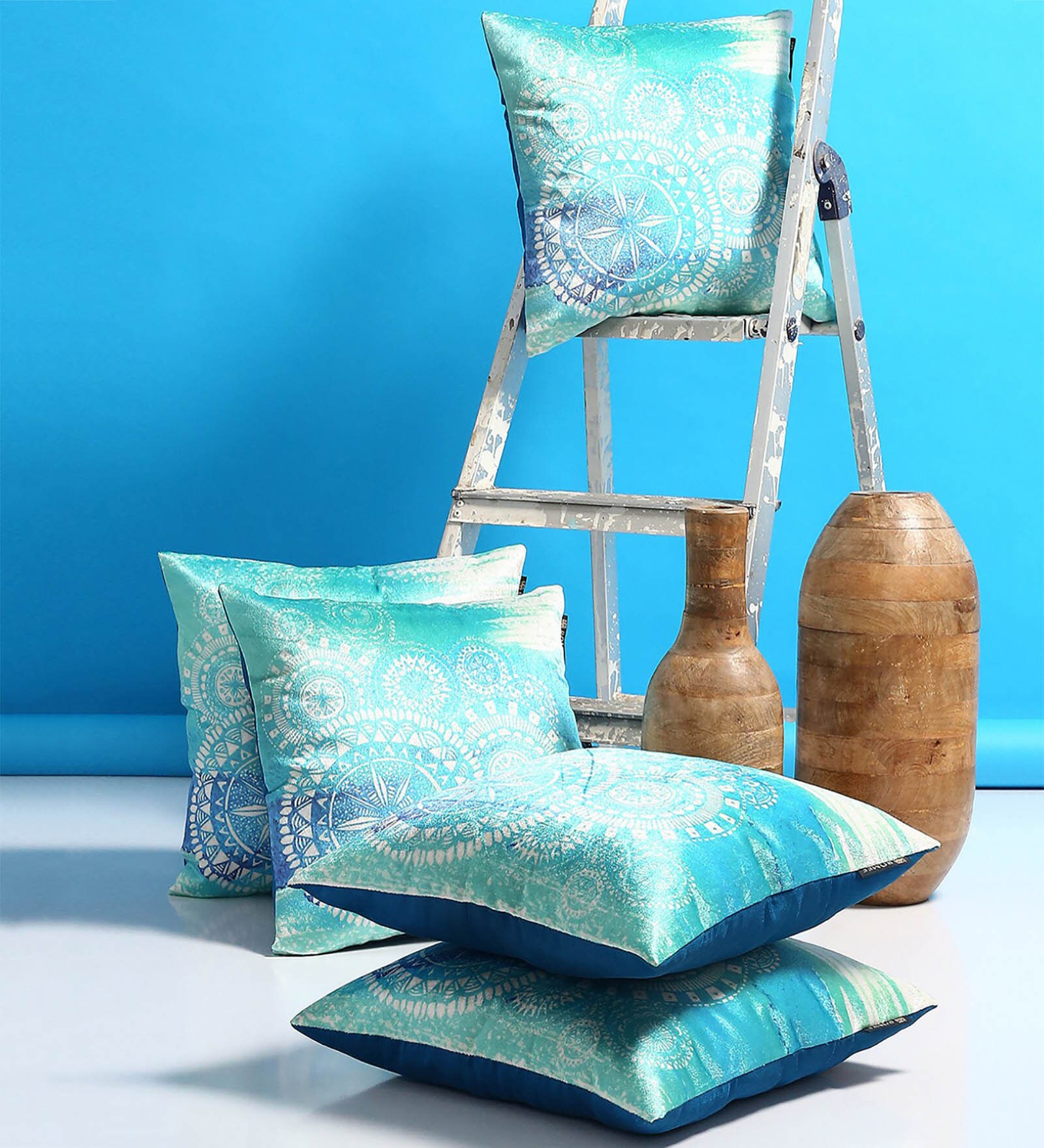 Turquoise Velvet Geometric 16x16 inches Cushion Cover (5Pc)