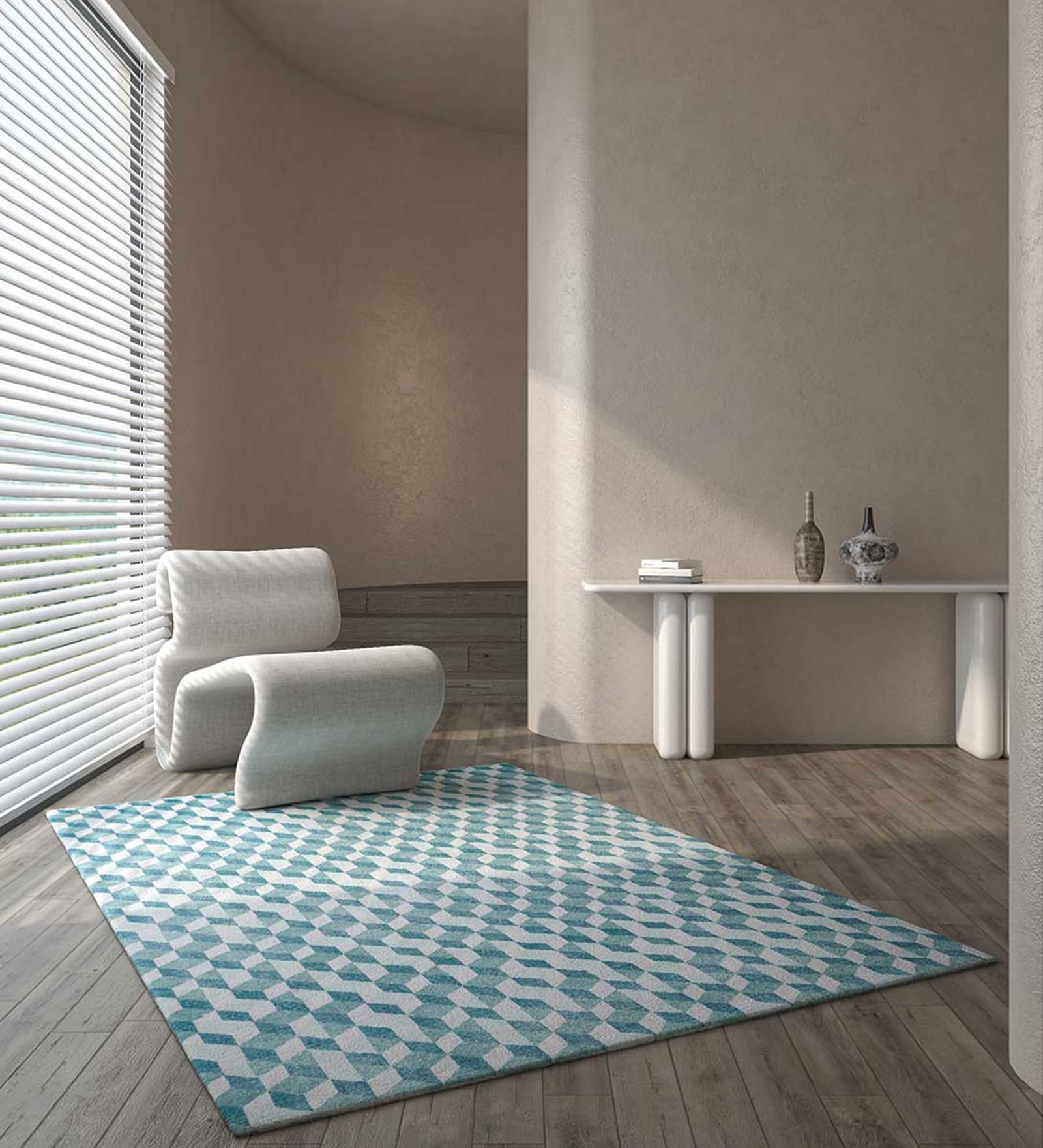 Blue Geometric Wool 8 ft x 10 ft Hand knotted Carpet