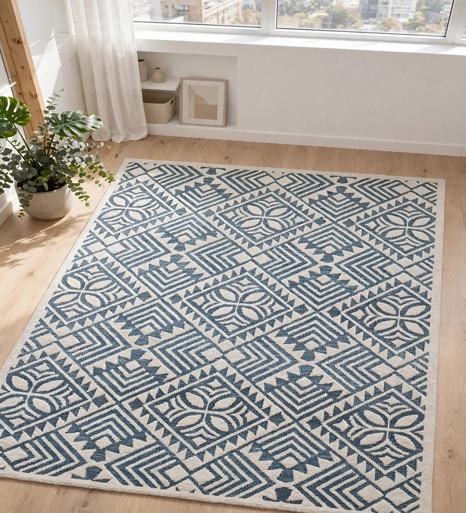 Blue Geometric Wool And Cotton 8 X 5 Feet Hand Tufted Carpet