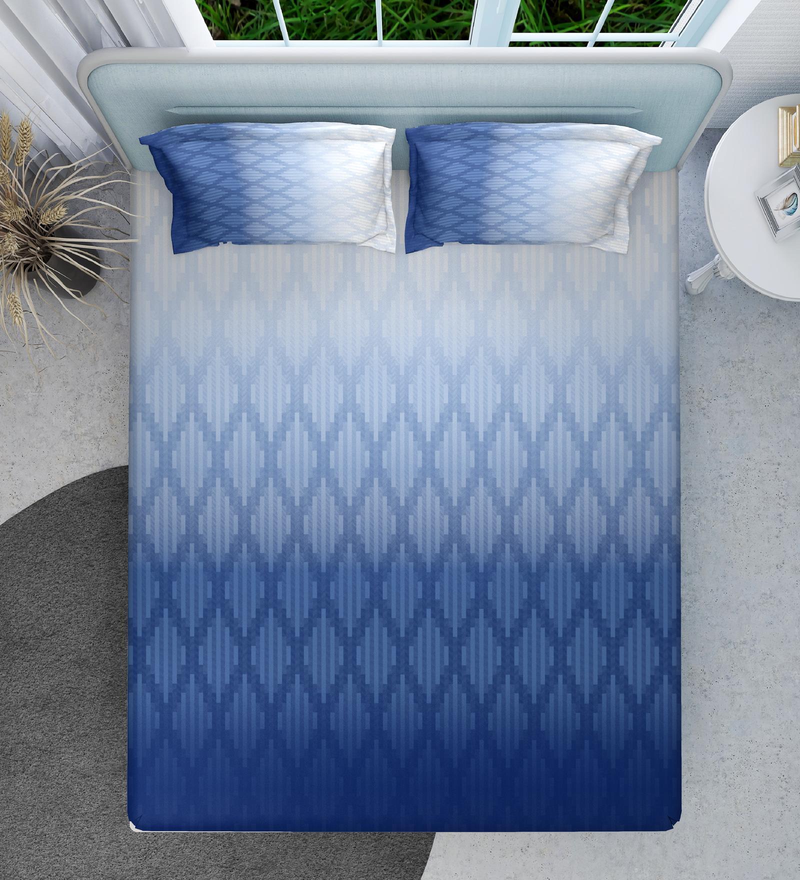Blue Geometrical 144 TC Cotton King Sized Double Bedsheet with 2 Pillow Covers Ombre Bliss Collection