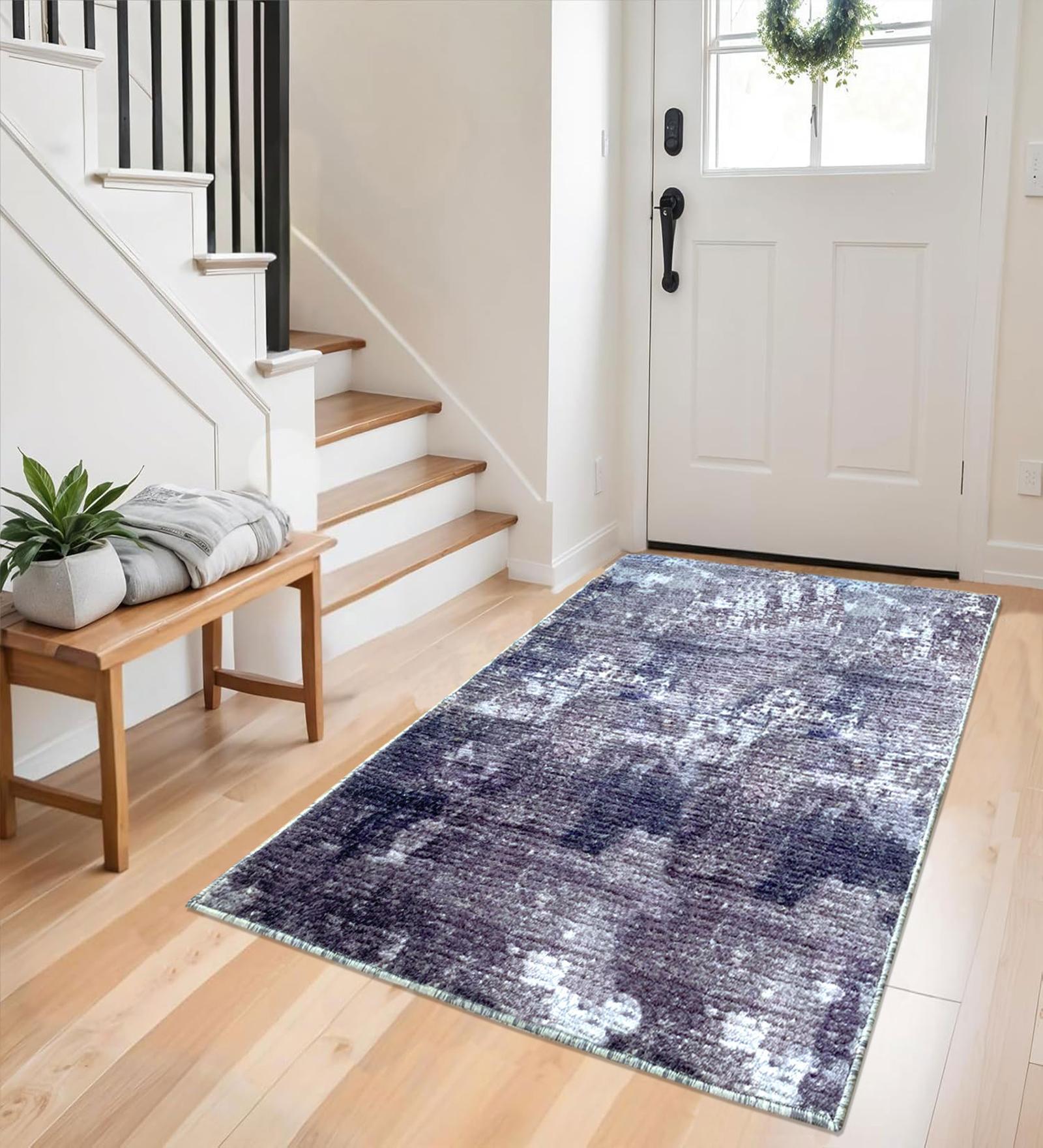 Blue Abstract Microfiber 3 x 5 Feet Machine Made Carpet