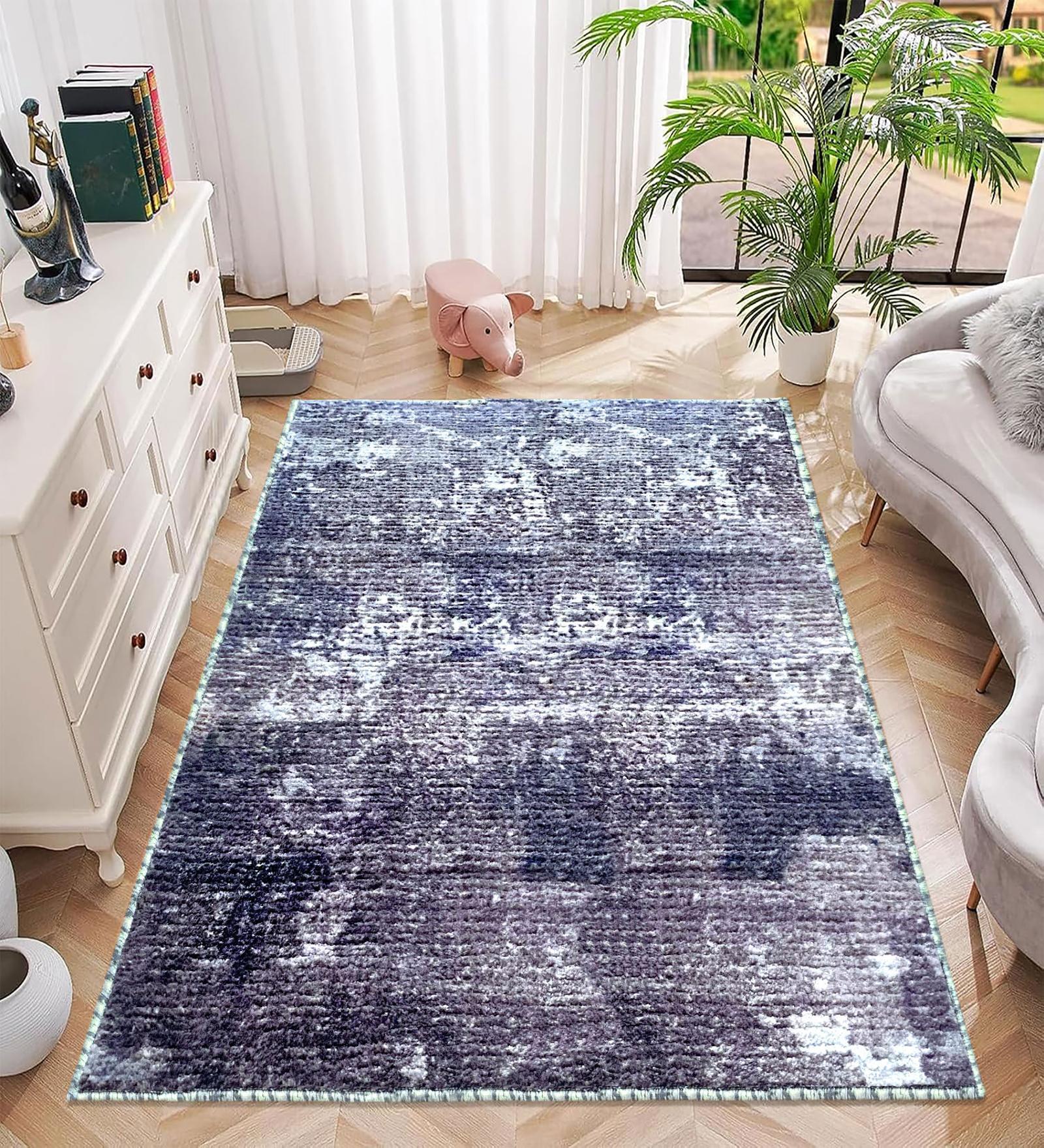 Blue Abstract Microfiber 4 x 6 Feet Machine Made Carpet