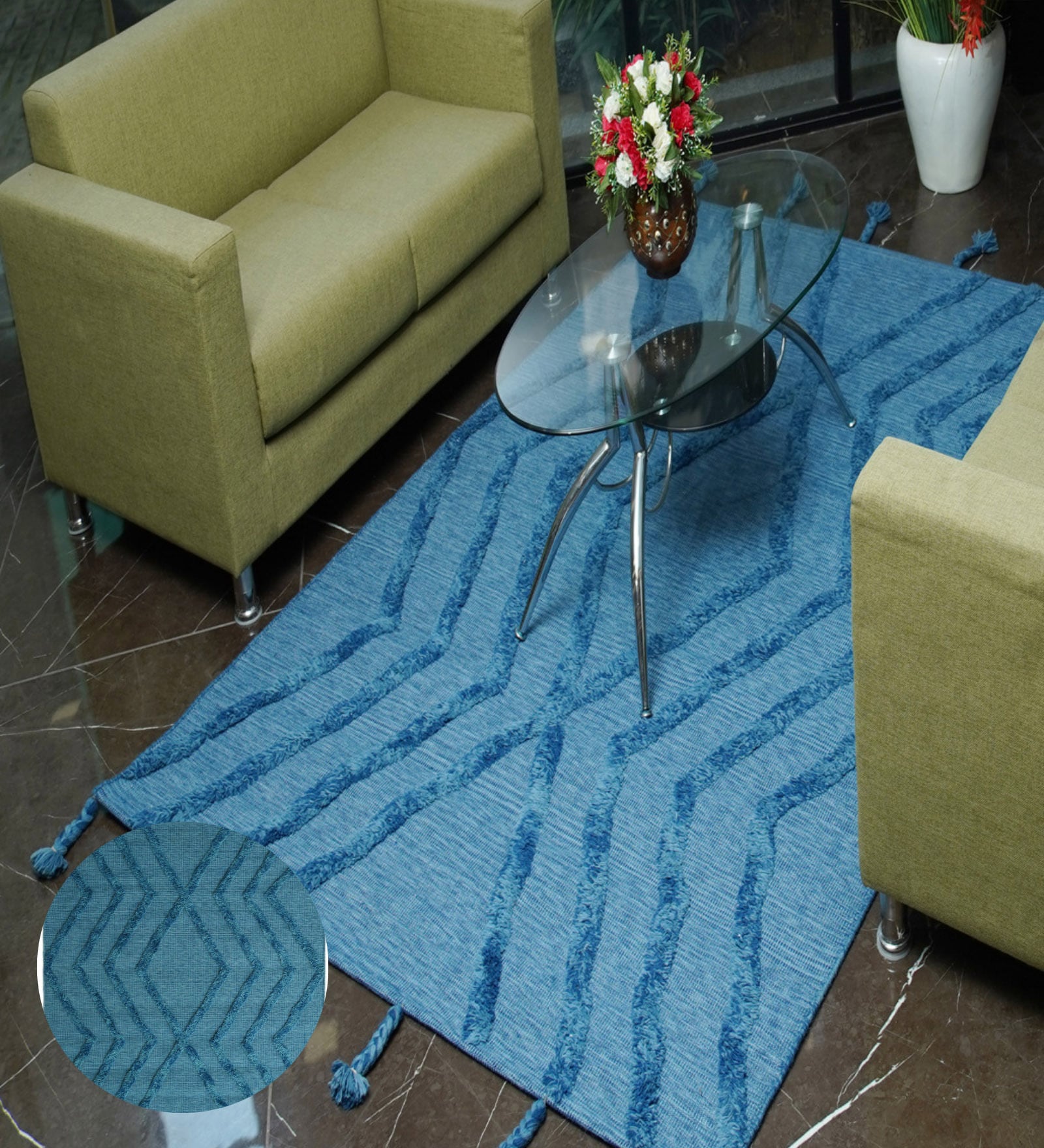 Blue Geometrical Wool Hand Tufted Carpet