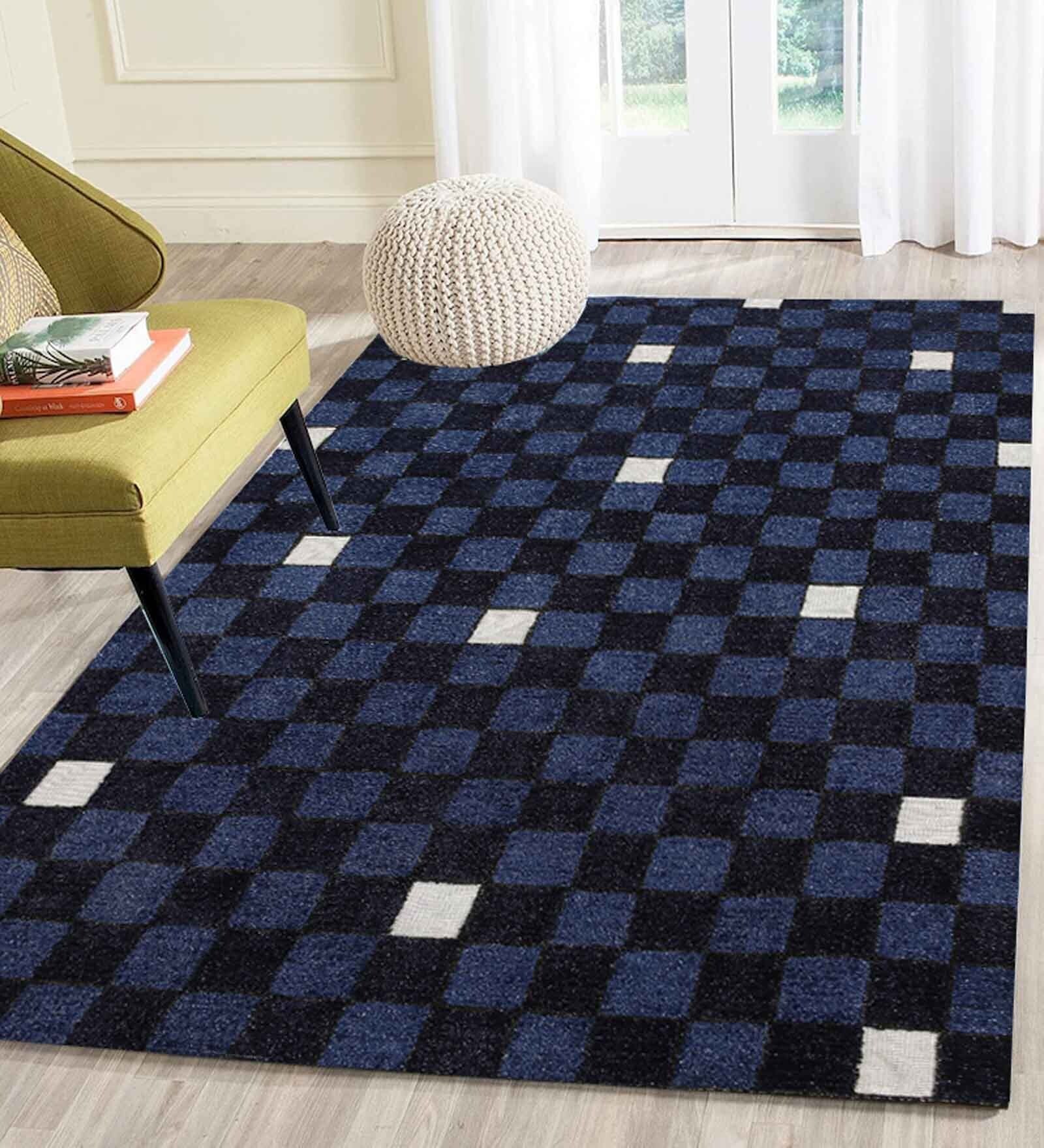 Blue Geometrical Wool 4 ft x 6 ft Hand Tufted Carpet