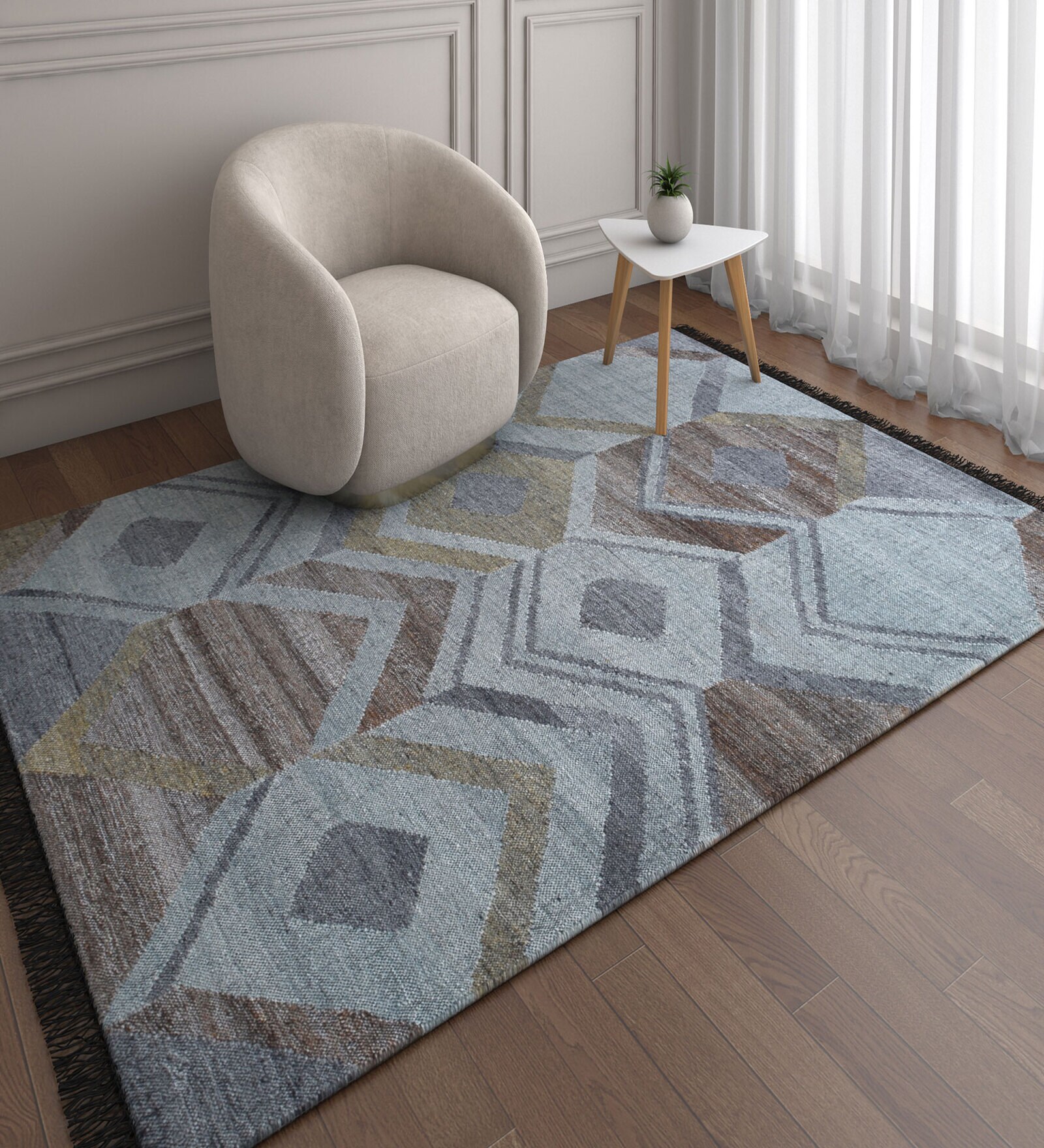 Blue Geometrical Wool 5 ft X 7'6 ft Flat Weaves